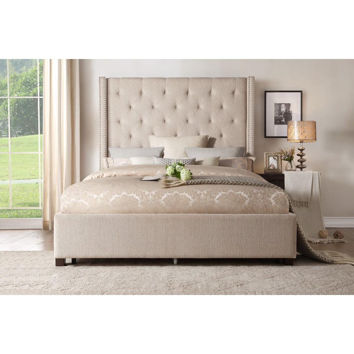 Fairborn Beige Traditional Solid Wood And Plywood Frame Fabric Upholstered Tufted Queen Panel Bed - Ella Furniture