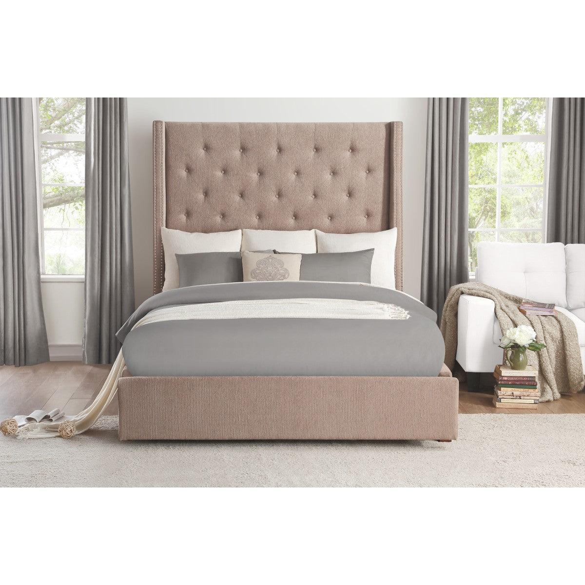 Fairborn Brown Solid Wood Plywood Fabric Upholstery Tufted Panel Queen Platform Bed With Storage - Ella Furniture