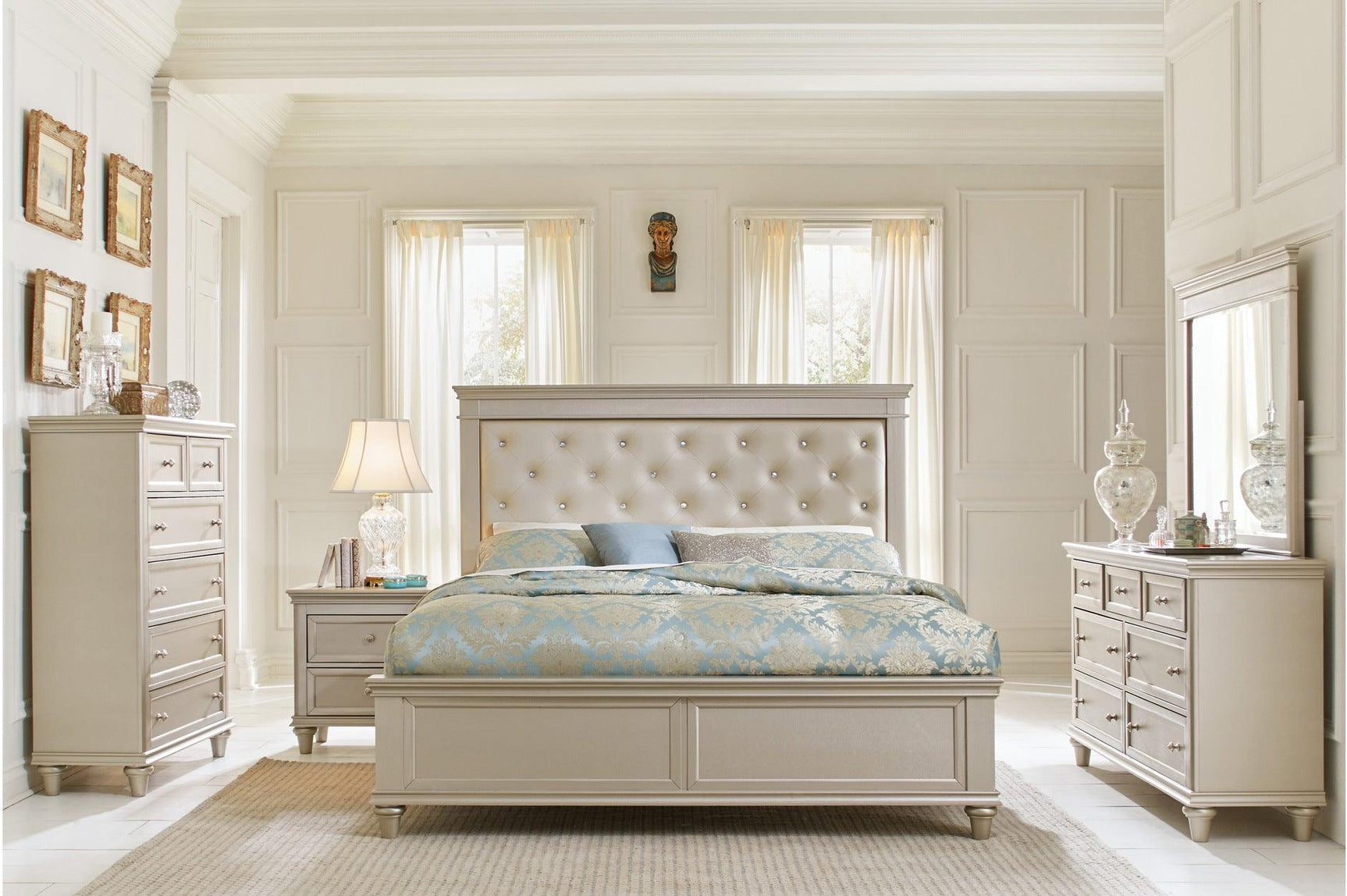Celandine Silver Modern Traditional Solid Wood Faux Leather Upholstered Tufted Panel Bedroom Set - Ella Furniture
