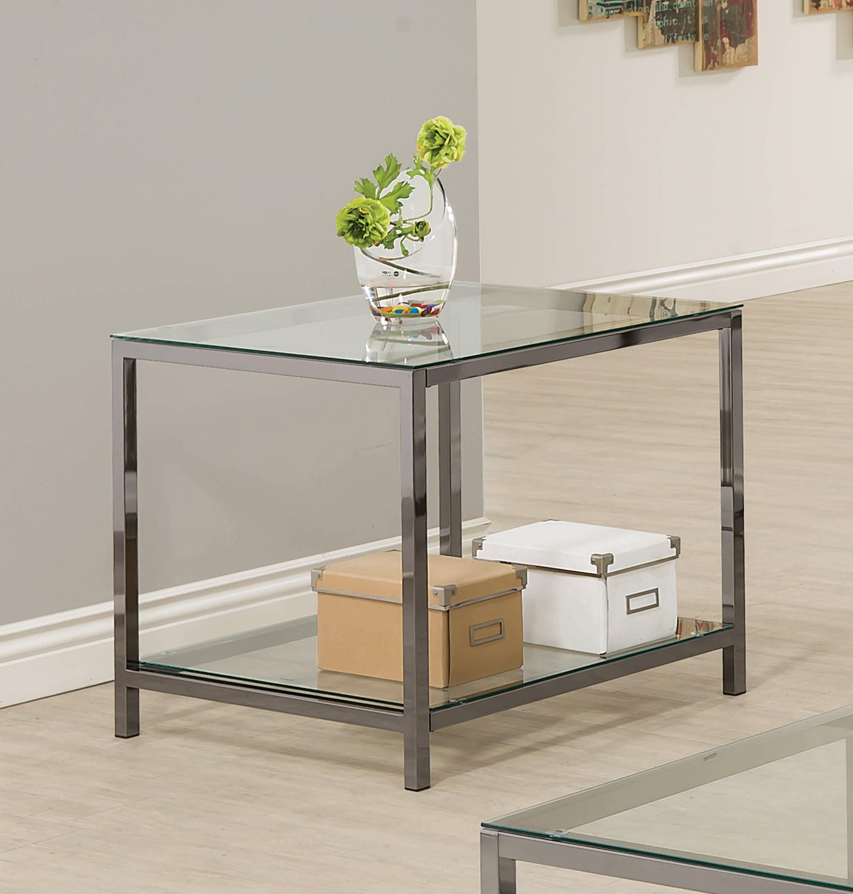 Trini End Table With Glass Shelf Black Nickel - Ella Furniture