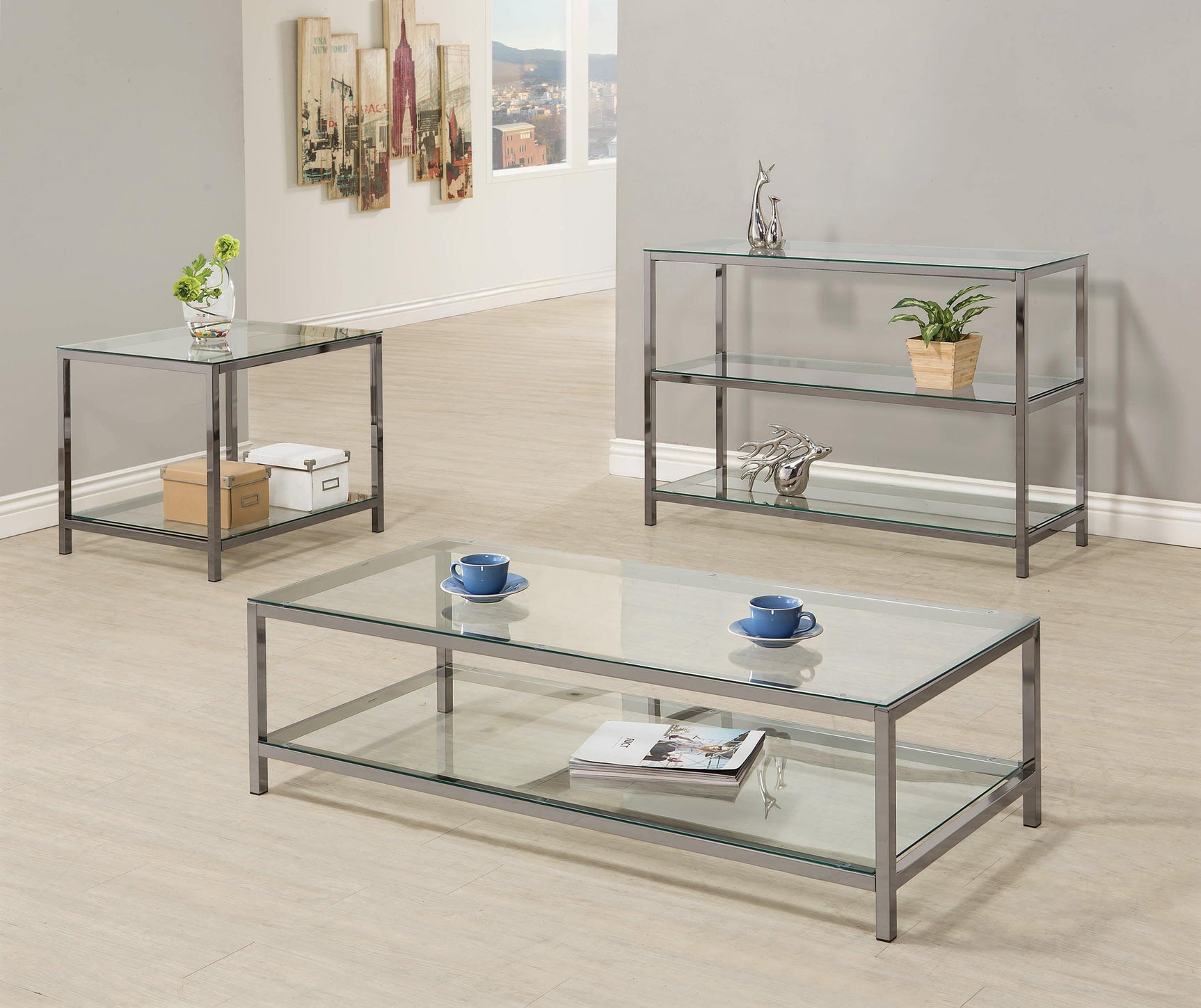 Trini End Table With Glass Shelf Black Nickel - Ella Furniture