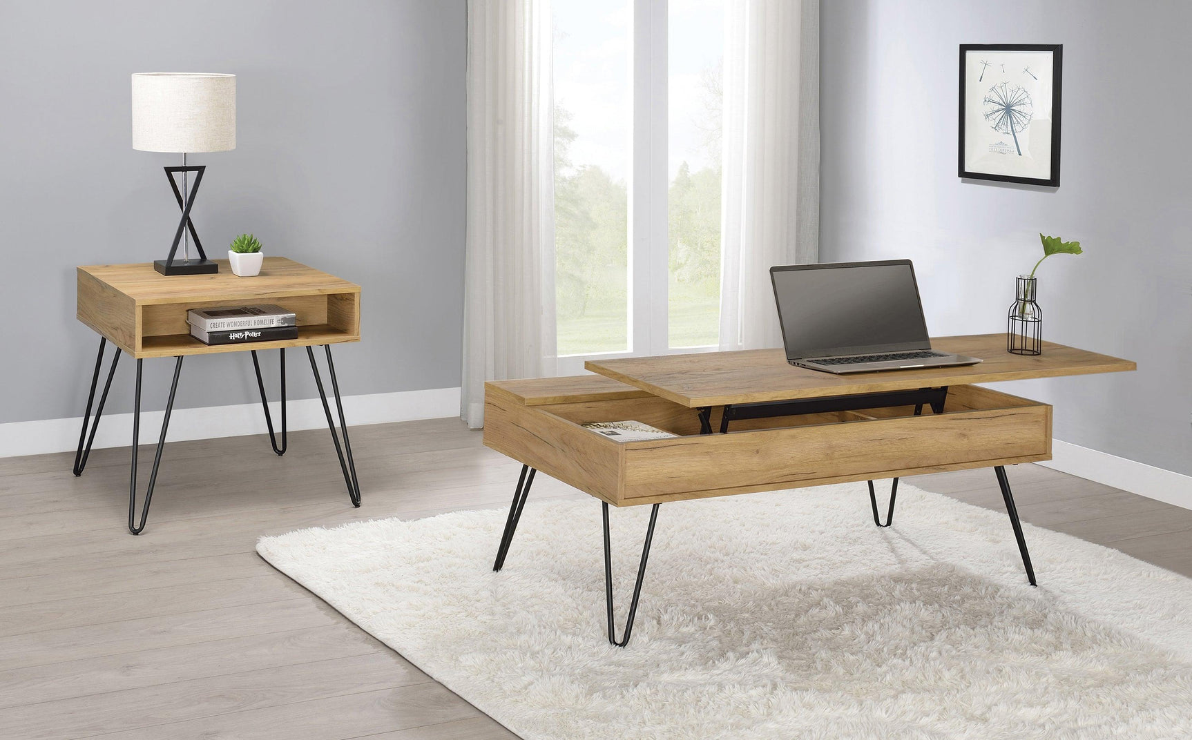 Fanning Square End Table With Open Compartment Golden Oak And Black - Ella Furniture