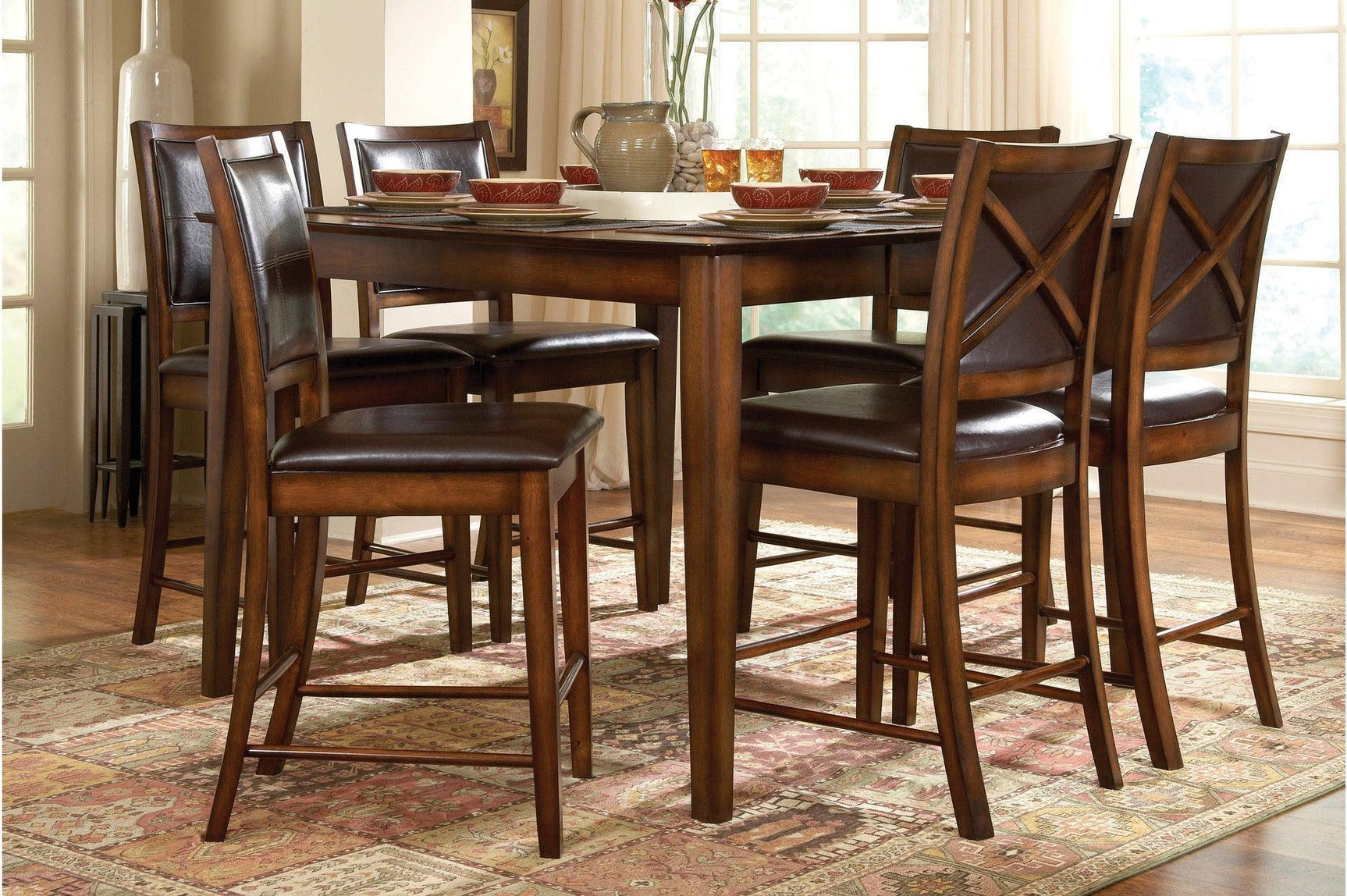 Verona Cherry Brown Solid Wood Faux Leather Upholstered Seat Counter Height Dining Room Set - Ella Furniture
