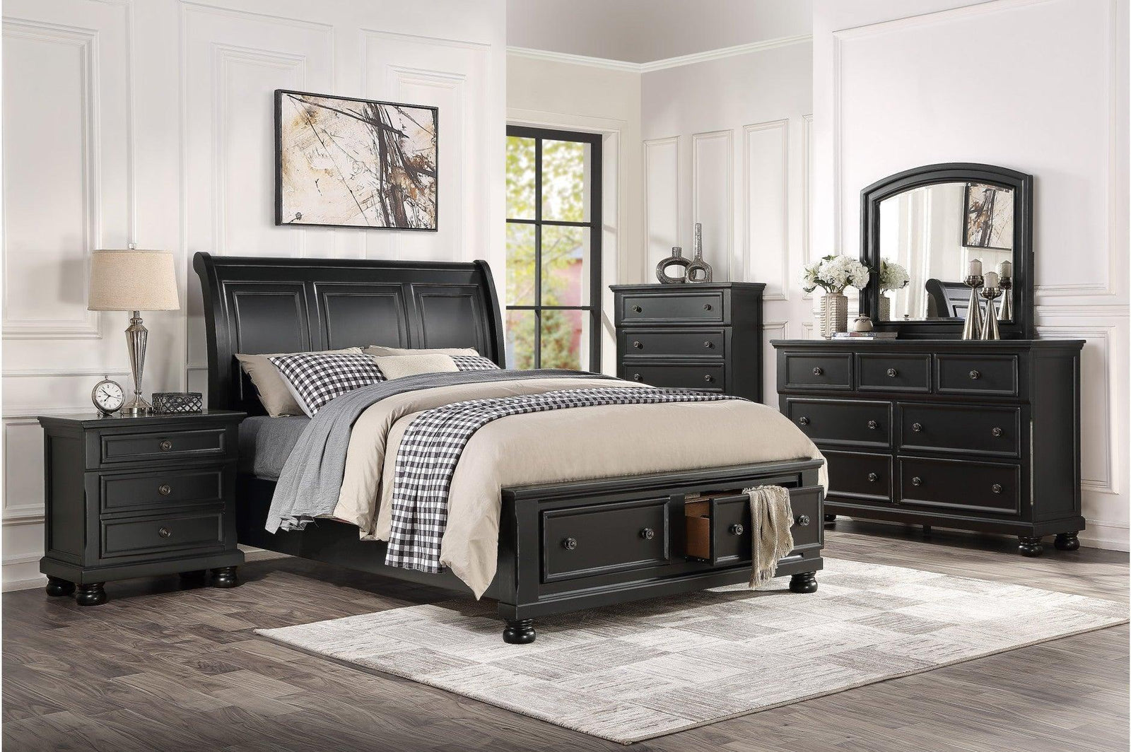 Laurelin Black Sand-through Finish Contemporary Transitional Solid Wood Storage Bedroom Set - Ella Furniture