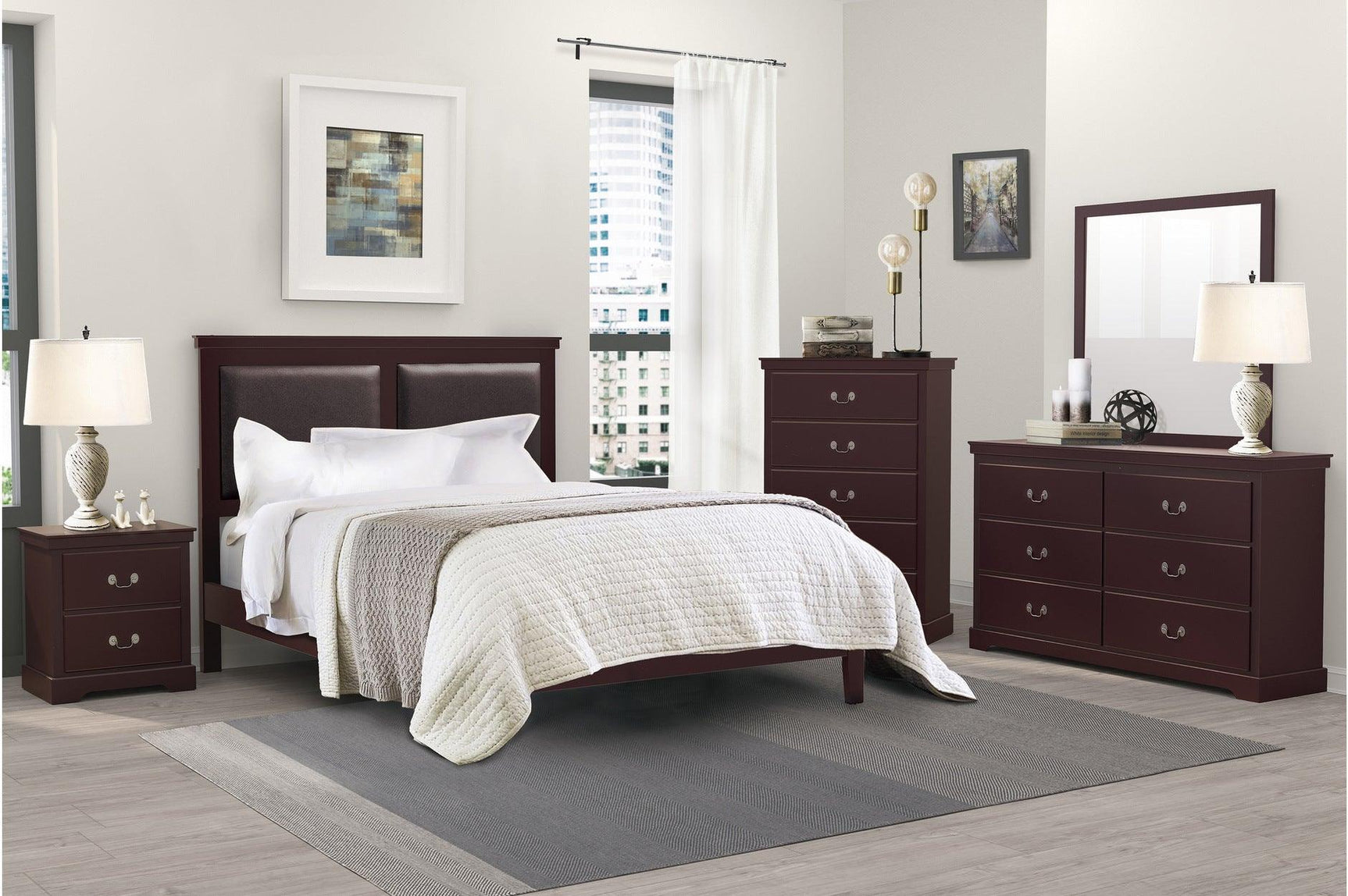 Seabright Cherry Finish Traditional Faux Leather Upholstered Headboard Youth Youth Bedroom Set - Ella Furniture