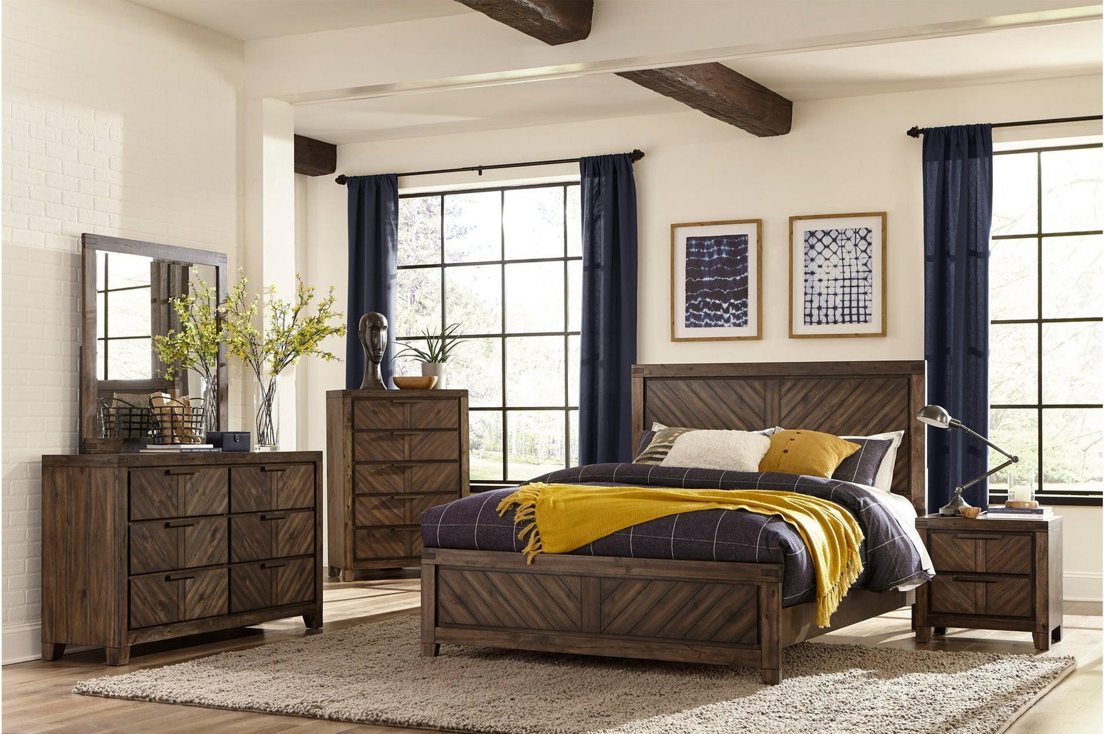 Parnell Rustic Cherry Modern Contemporary Solid Wood Acacia Veneer Panel Bedroom Set - Ella Furniture