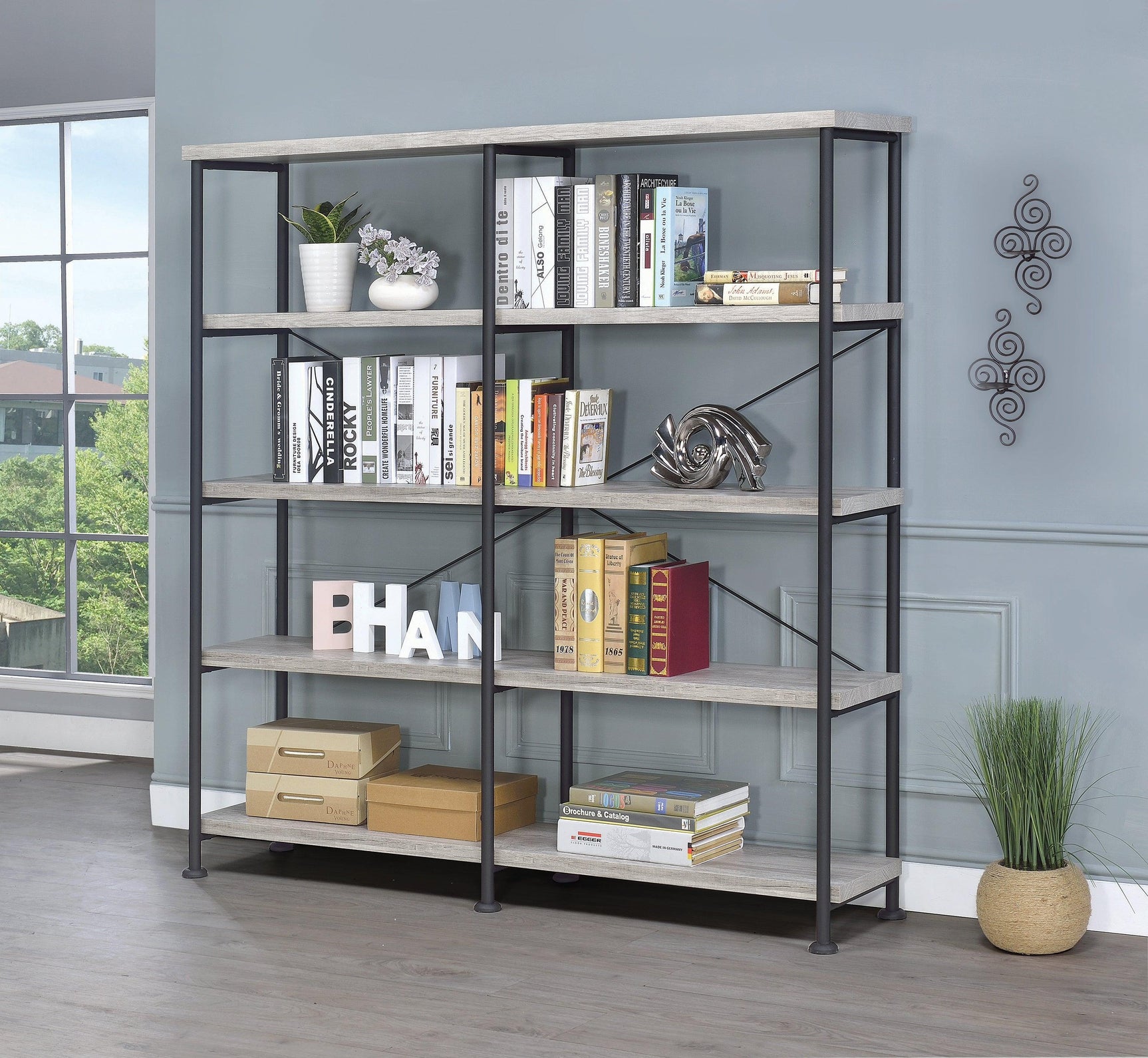 Analiese 4-Shelf Bookcase Grey Driftwood - Ella Furniture