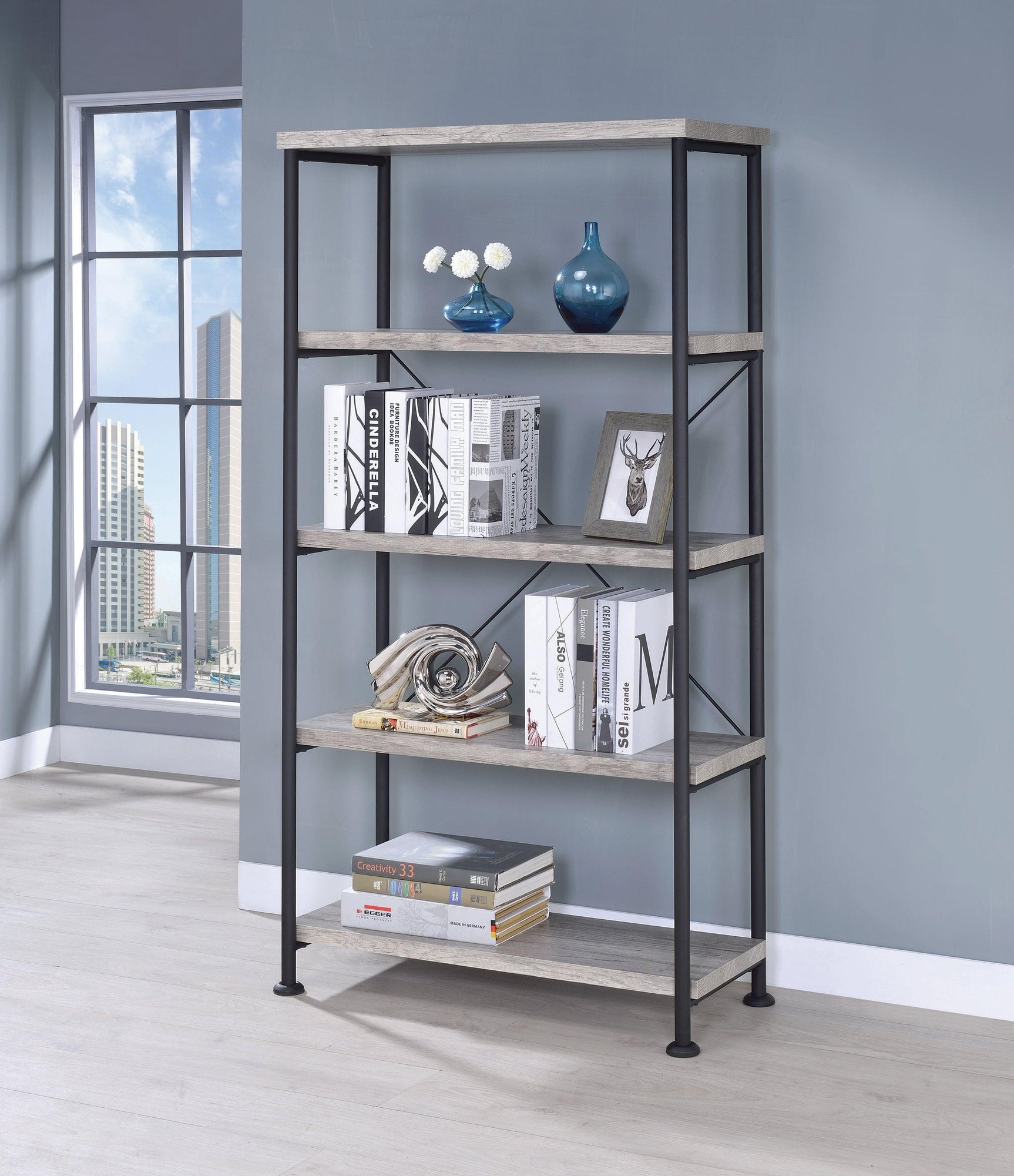 Analiese 4-Shelf Open Bookcase Grey Driftwood - Ella Furniture