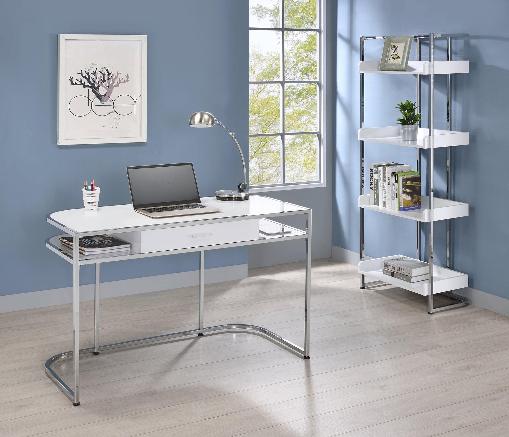 Ember 4-Shelf Bookcase White High Gloss And Chrome - Ella Furniture