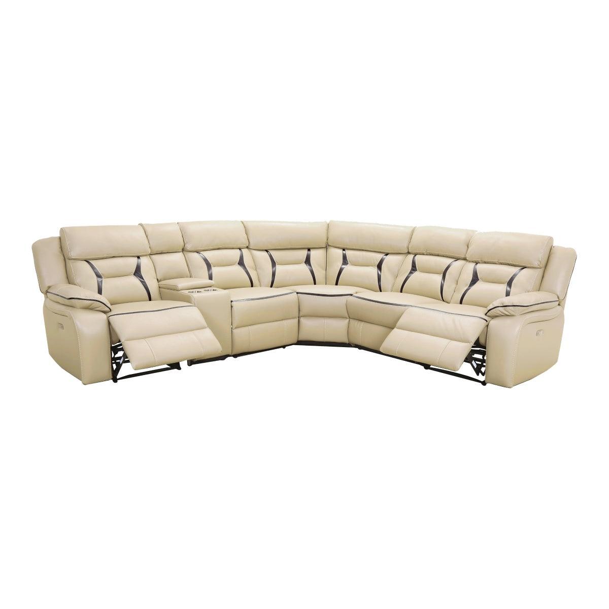 Amite Beige Solid Wood Premium Faux Leather Upholstery 6-Piece Modular Power Reclining Sectional - Ella Furniture