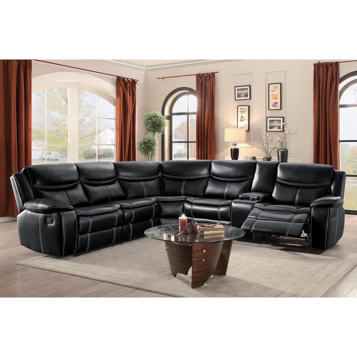 Bastrop Black Solid Wood Premium Faux Leather Upholstery 3-Piece Sectional With Right Console - Ella Furniture