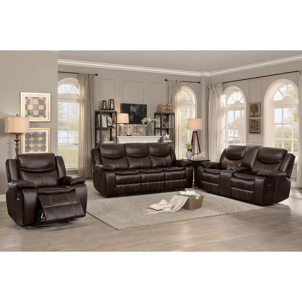 Bastrop Brown Solid Wood And Plywood Faux Leather Upholstery Double Reclining Sofa - Ella Furniture