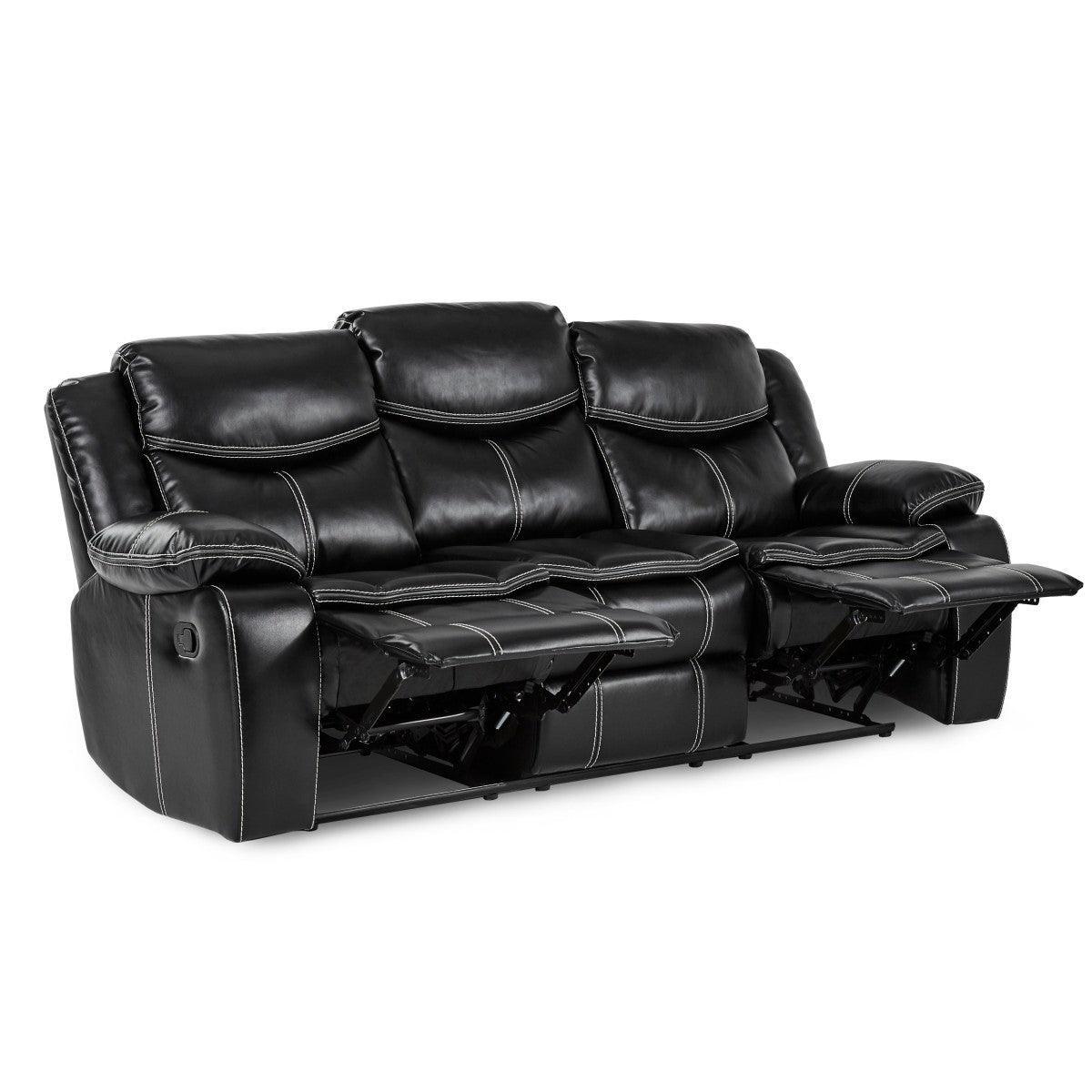 Bastrop Black Solid Wood And Plywood Premium Faux Leather Double Reclining Sofa - Ella Furniture