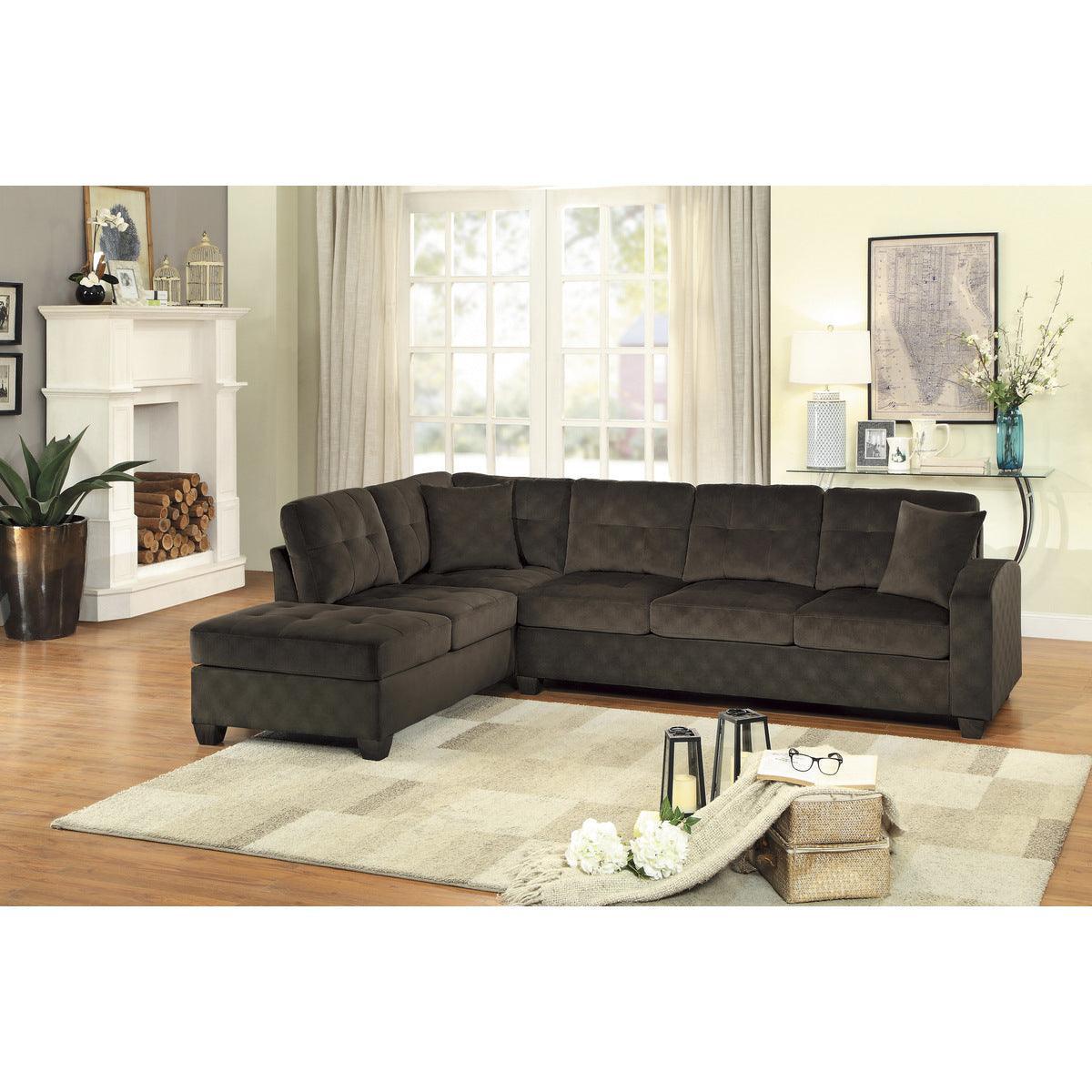Emilio Chocolate Solid Wood Velvet Fabric Upholstery 2-Piece Reversible Sectional With Chaise - Ella Furniture