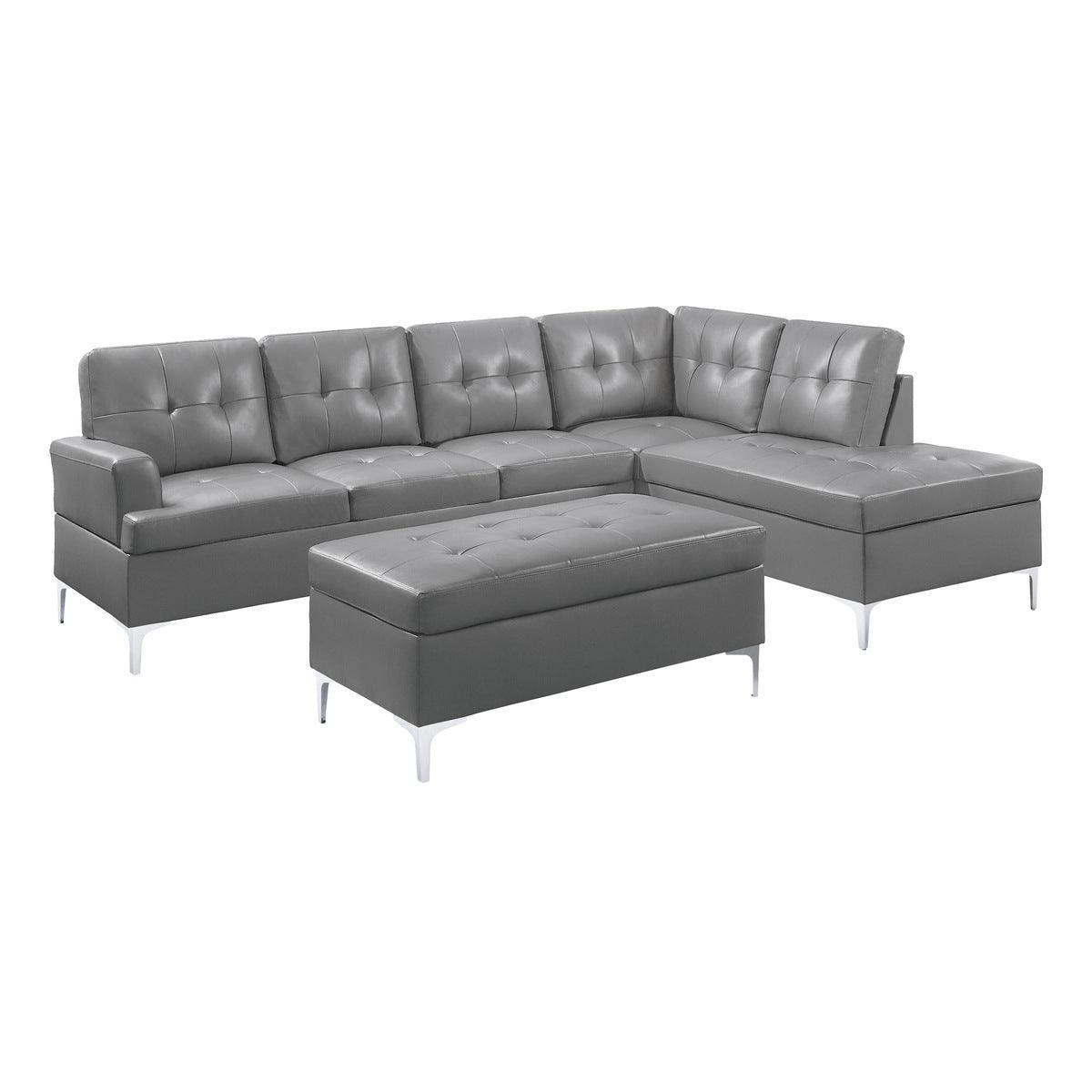 Barrington Gray Solid Wood Faux Leather Upholstery 3-Piece Sectional With Right Chaise And Ottoman - Ella Furniture