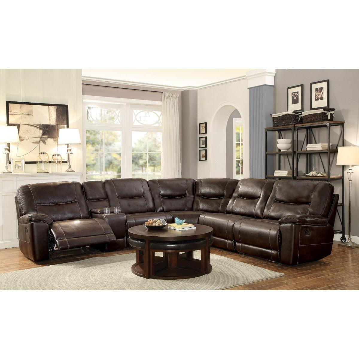 Columbus Brown Solid Wood Breathable Faux Leather Upholstery 6-Piece Modular Reclining Sectional - Ella Furniture