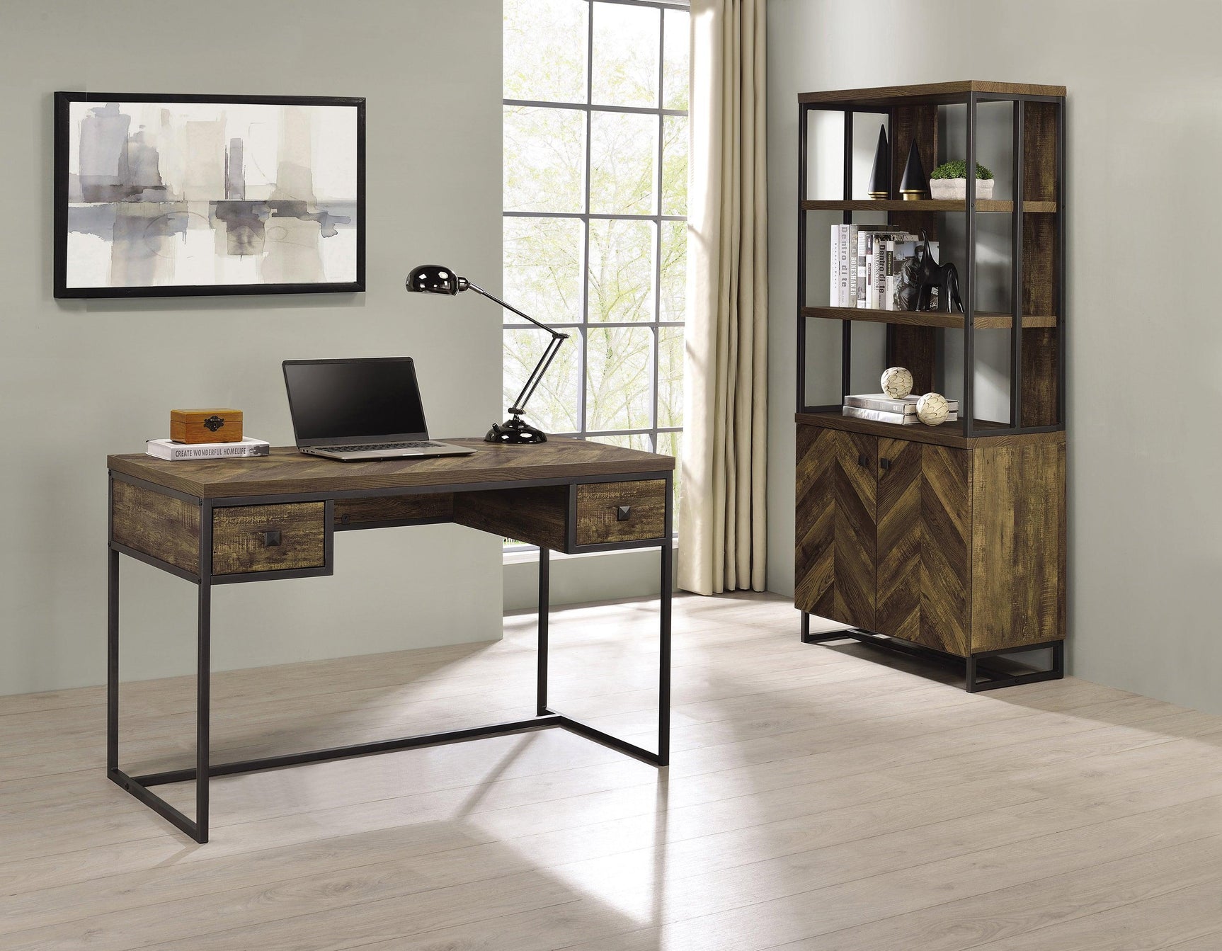 Millbrook 2-Door Bookcase Rustic Oak Herringbone And Gunmetal - Ella Furniture