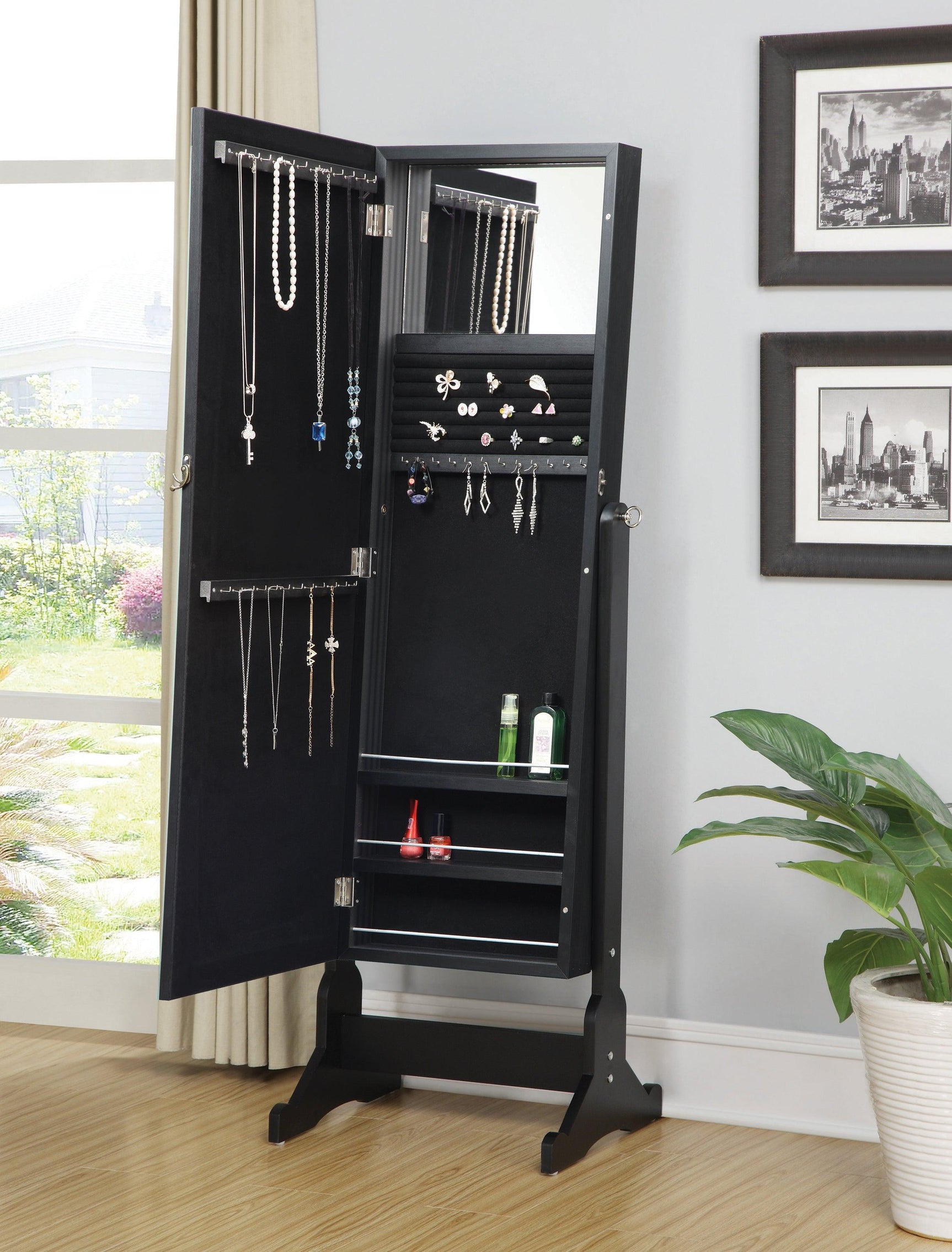 Cortez Storage Jewelry Cheval Mirror Black - Ella Furniture