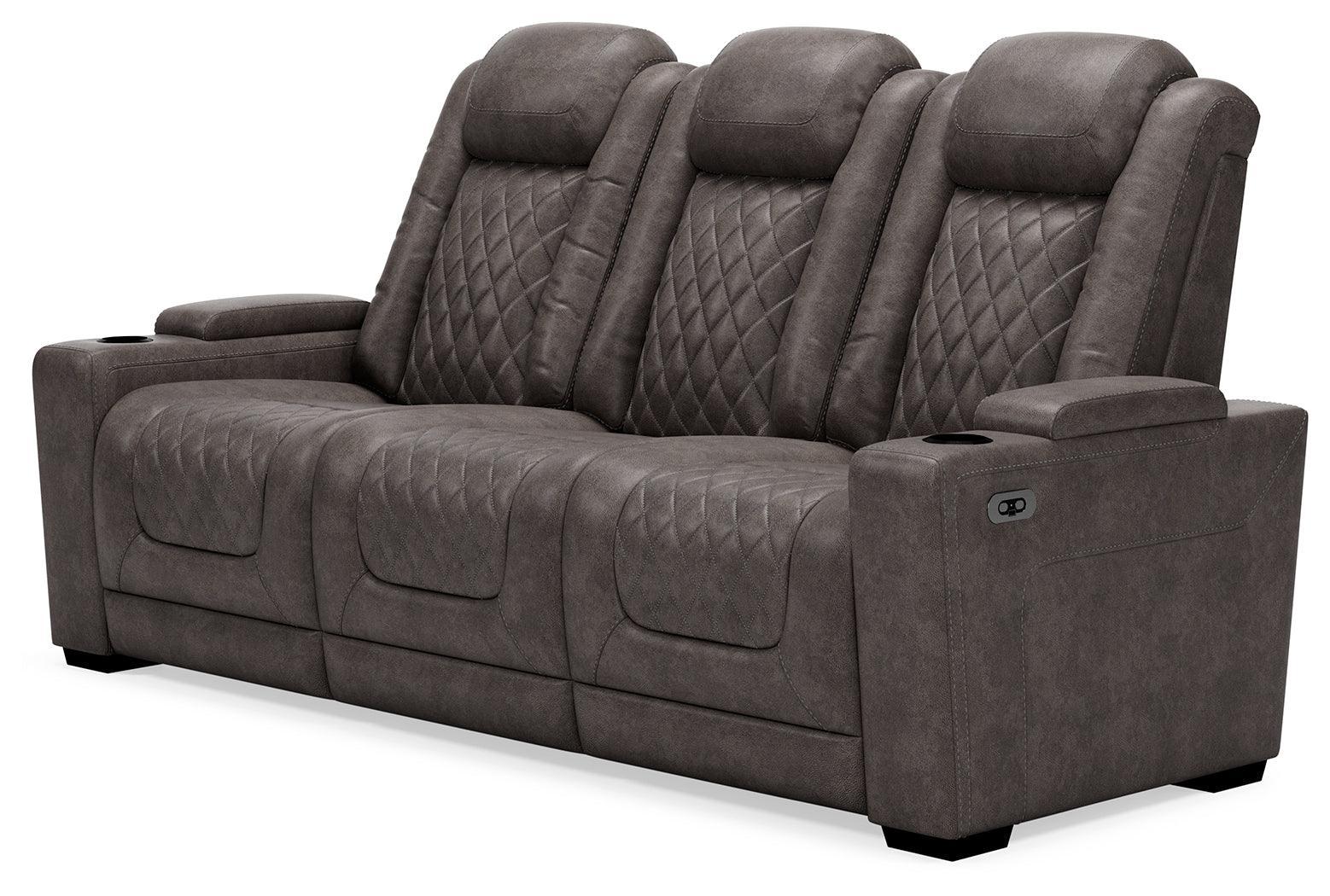 Hyllmont Gray Faux Leather Power Reclining Sofa - Ella Furniture