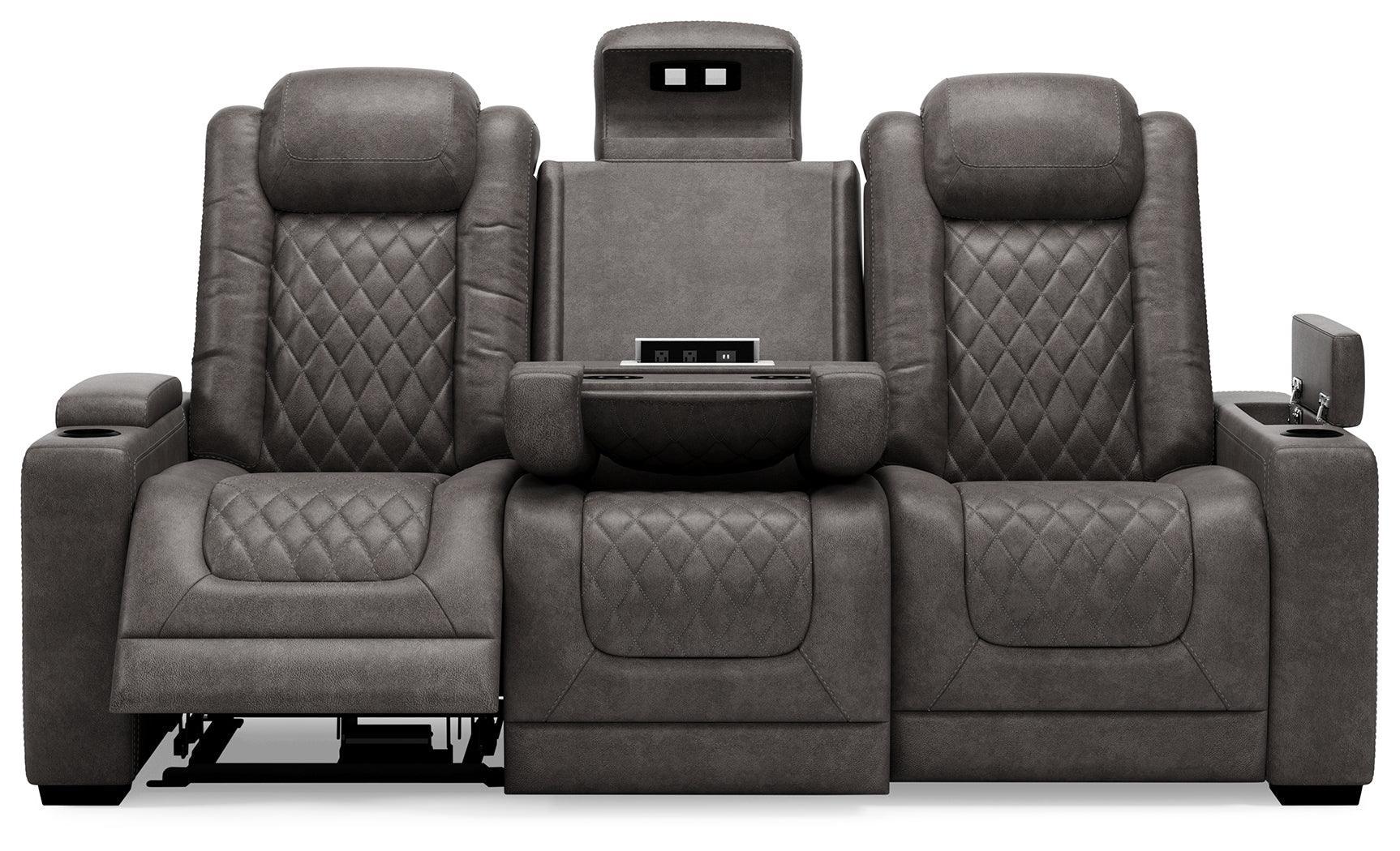 Hyllmont Gray Faux Leather Power Reclining Sofa - Ella Furniture