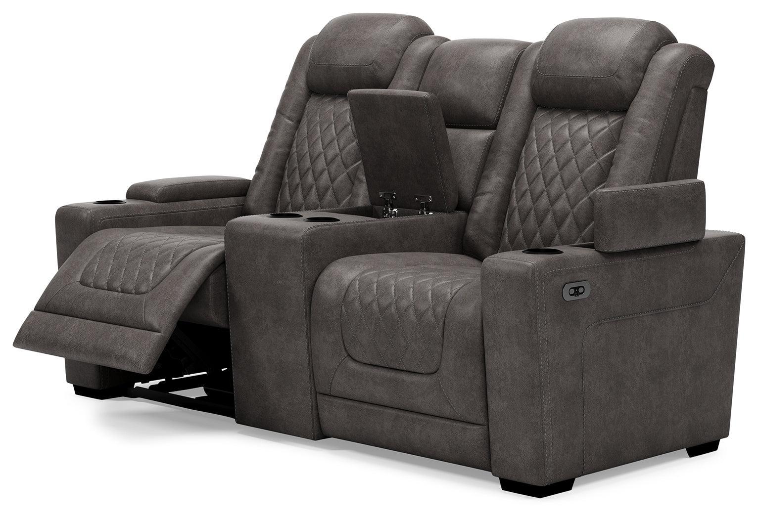 Hyllmont Gray Faux Leather Power Reclining Loveseat With Console - Ella Furniture