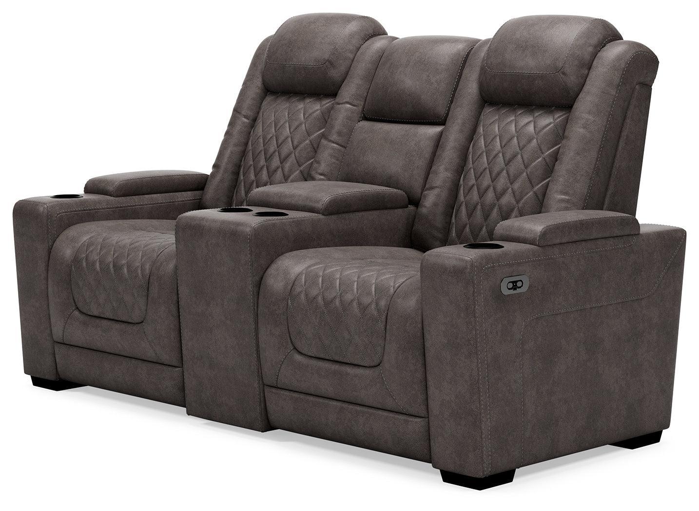 Hyllmont Gray Faux Leather Power Reclining Loveseat With Console - Ella Furniture