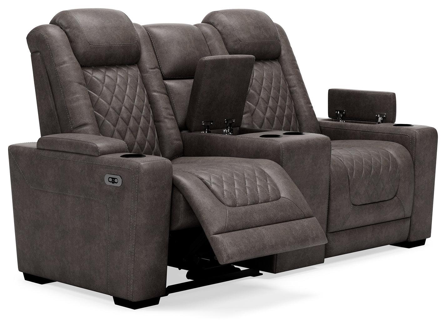 Hyllmont Gray Faux Leather Power Reclining Loveseat With Console - Ella Furniture