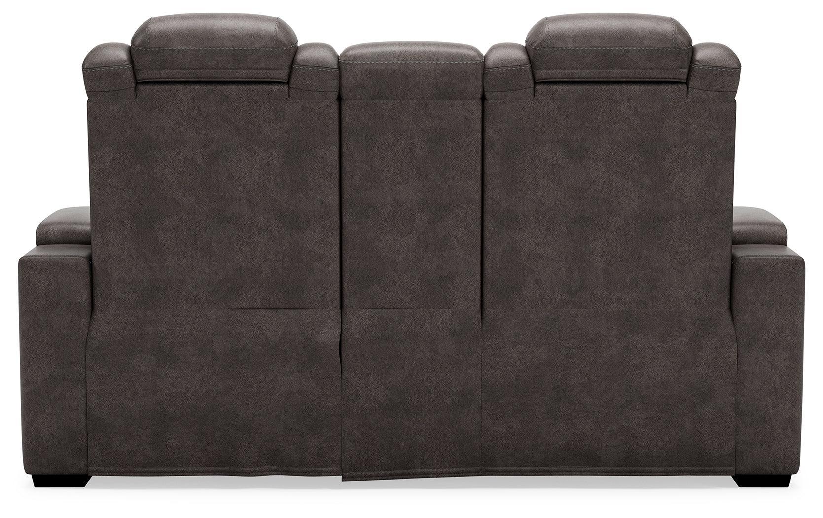 Hyllmont Gray Faux Leather Power Reclining Loveseat With Console - Ella Furniture