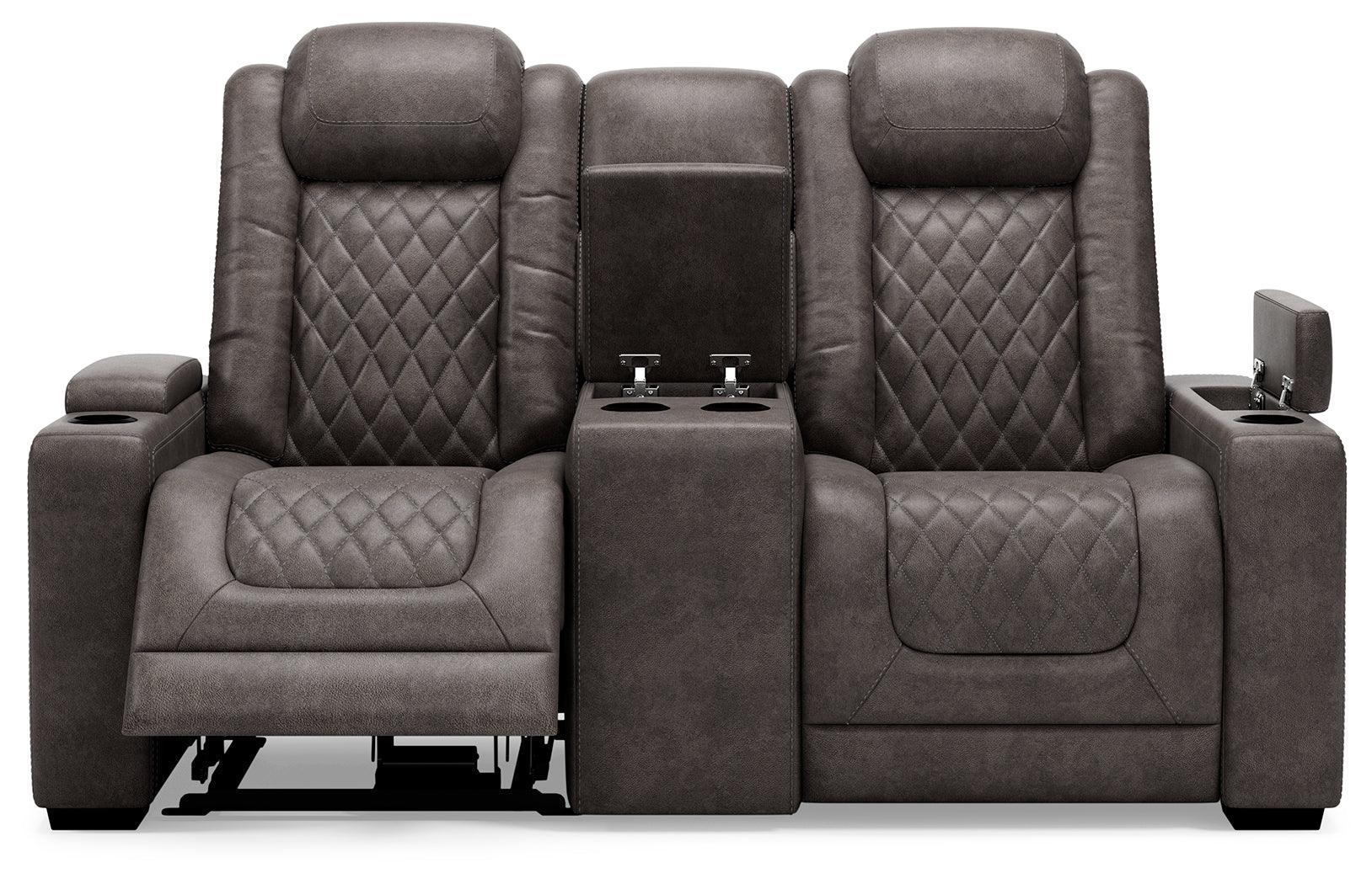 Hyllmont Gray Faux Leather Power Reclining Loveseat With Console - Ella Furniture
