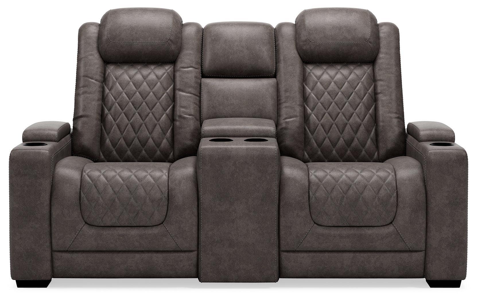 Hyllmont Gray Faux Leather Power Reclining Loveseat With Console - Ella Furniture