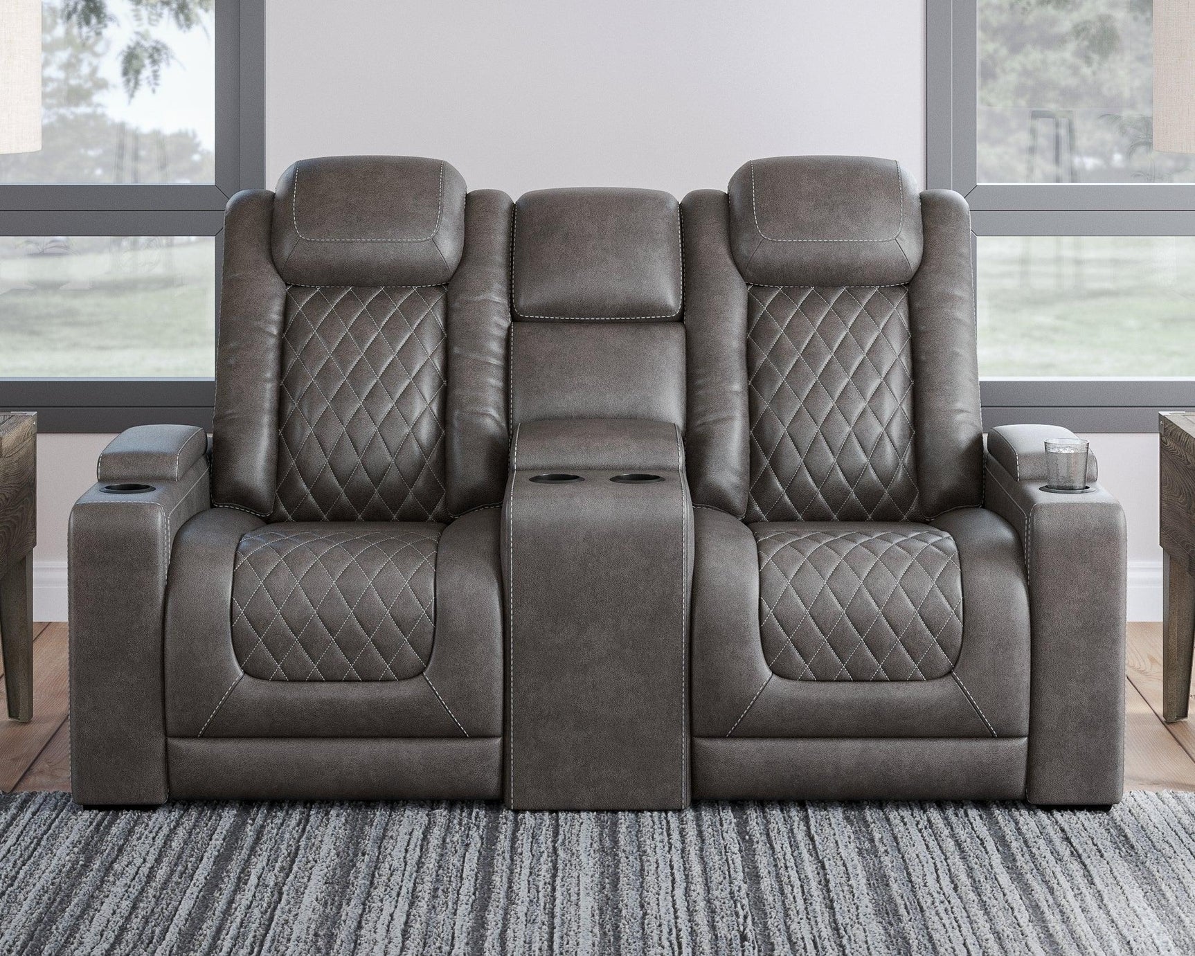 Hyllmont Gray Faux Leather Power Reclining Loveseat With Console - Ella Furniture