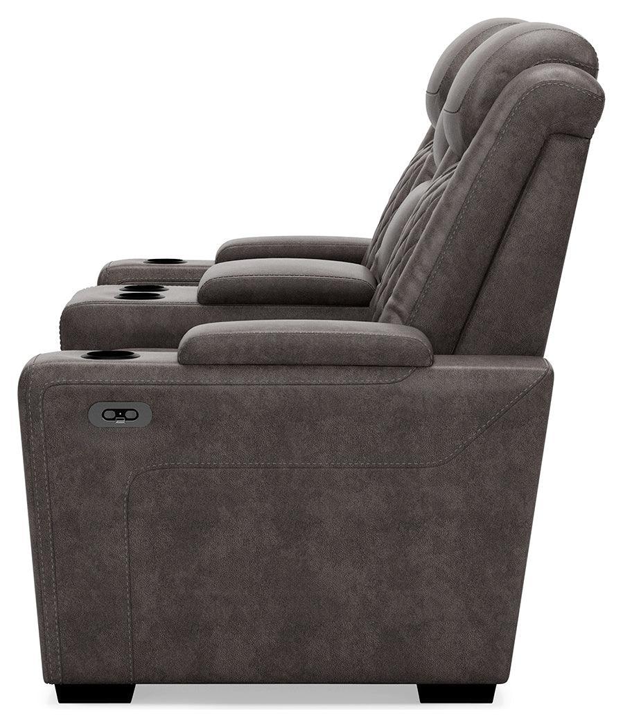 Hyllmont Gray Faux Leather Power Reclining Loveseat With Console - Ella Furniture