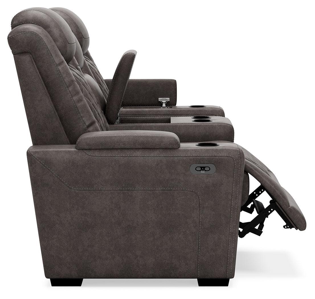 Hyllmont Gray Faux Leather Power Reclining Loveseat With Console - Ella Furniture