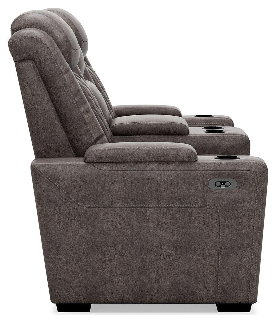 Hyllmont Gray Faux Leather Power Reclining Loveseat With Console - Ella Furniture