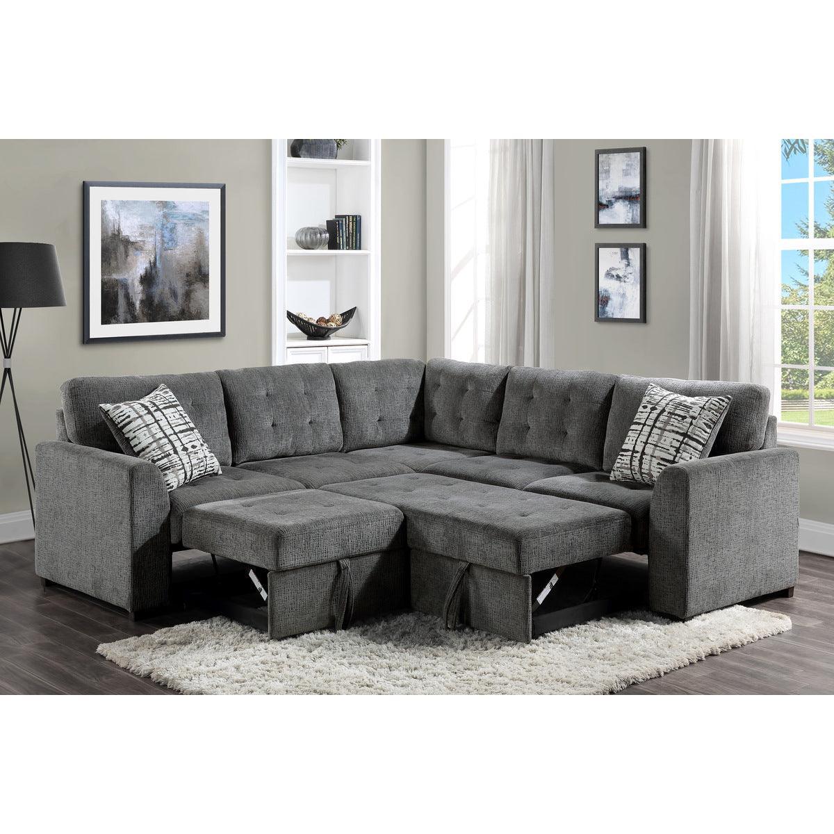 Lanning Gray Chenille Fabric Upholstery 3-Piece Sectional With Pull-out Bed And Pull-out Ottoman - Ella Furniture