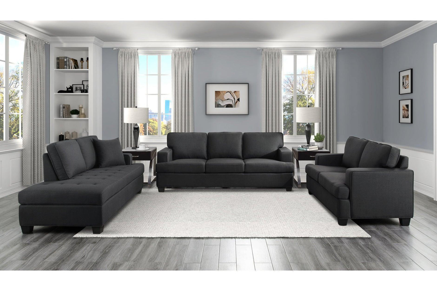 Elmont Black Solid Wood And Plywood Textured Fabric Upholstery 2Pc Set: Sofa, Love - Ella Furniture