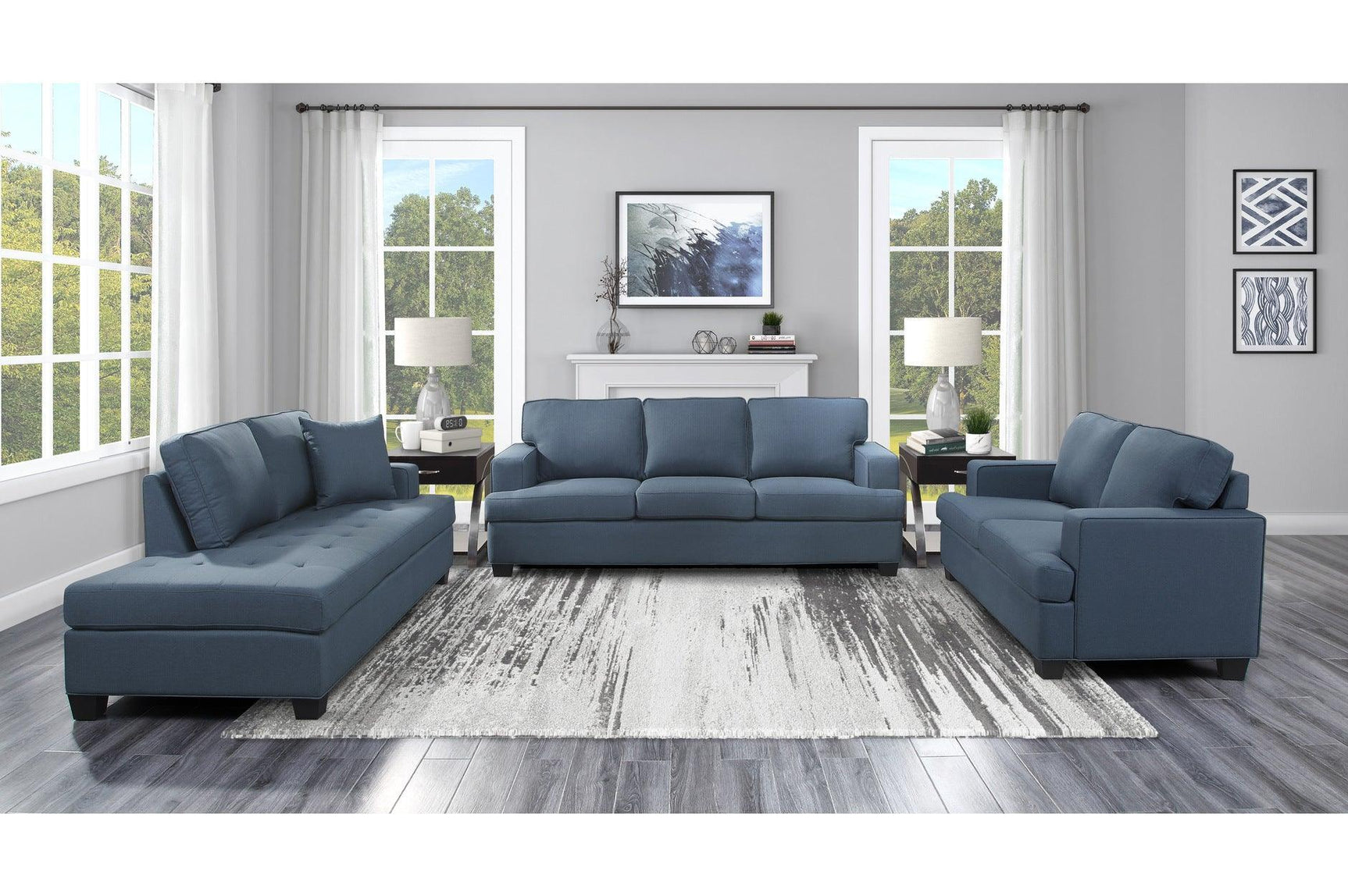 Elmont Blue Solid Wood And Plywood Textured Fabric Upholstery 2Pc Set: Sofa, Love - Ella Furniture