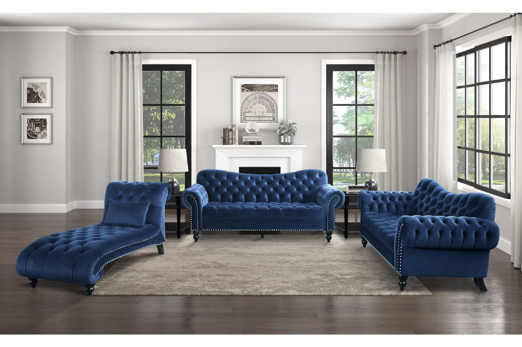 Rosalie Navy Modern Traditional Solid Wood Plywood Velvet Upholstery Tufted 2Pc Set: Sofa, Love - Ella Furniture