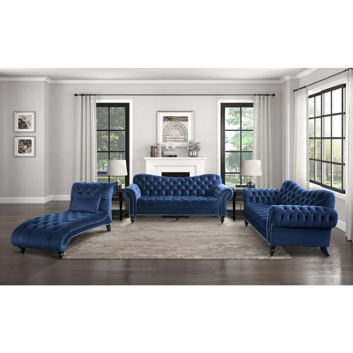 Rosalie Navy Blue Traditional Solid Wood And Plywood Velvet Fabric Upholstered Tufted Loveseat - Ella Furniture