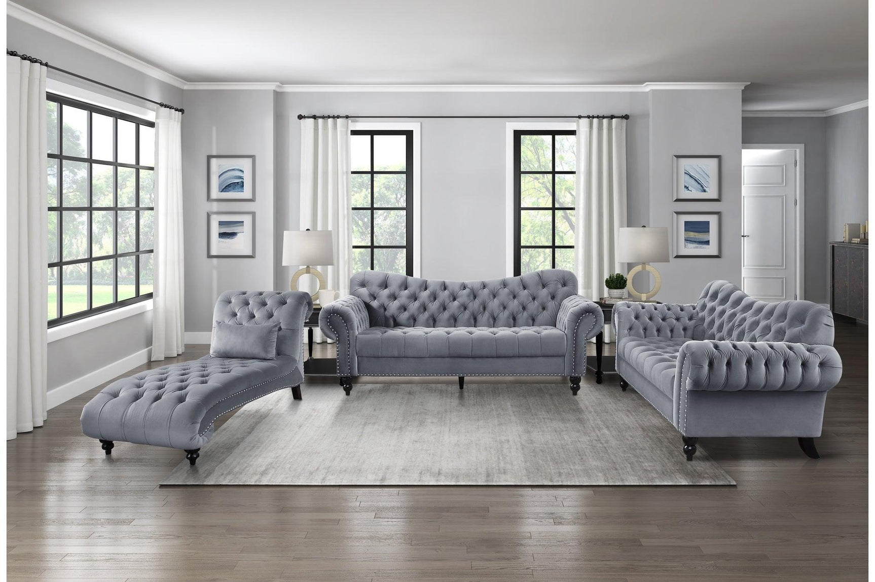 Rosalie Dark Gray Modern Traditional Solid Wood Plywood Velvet Tufted 2Pc Set: Sofa, Love - Ella Furniture