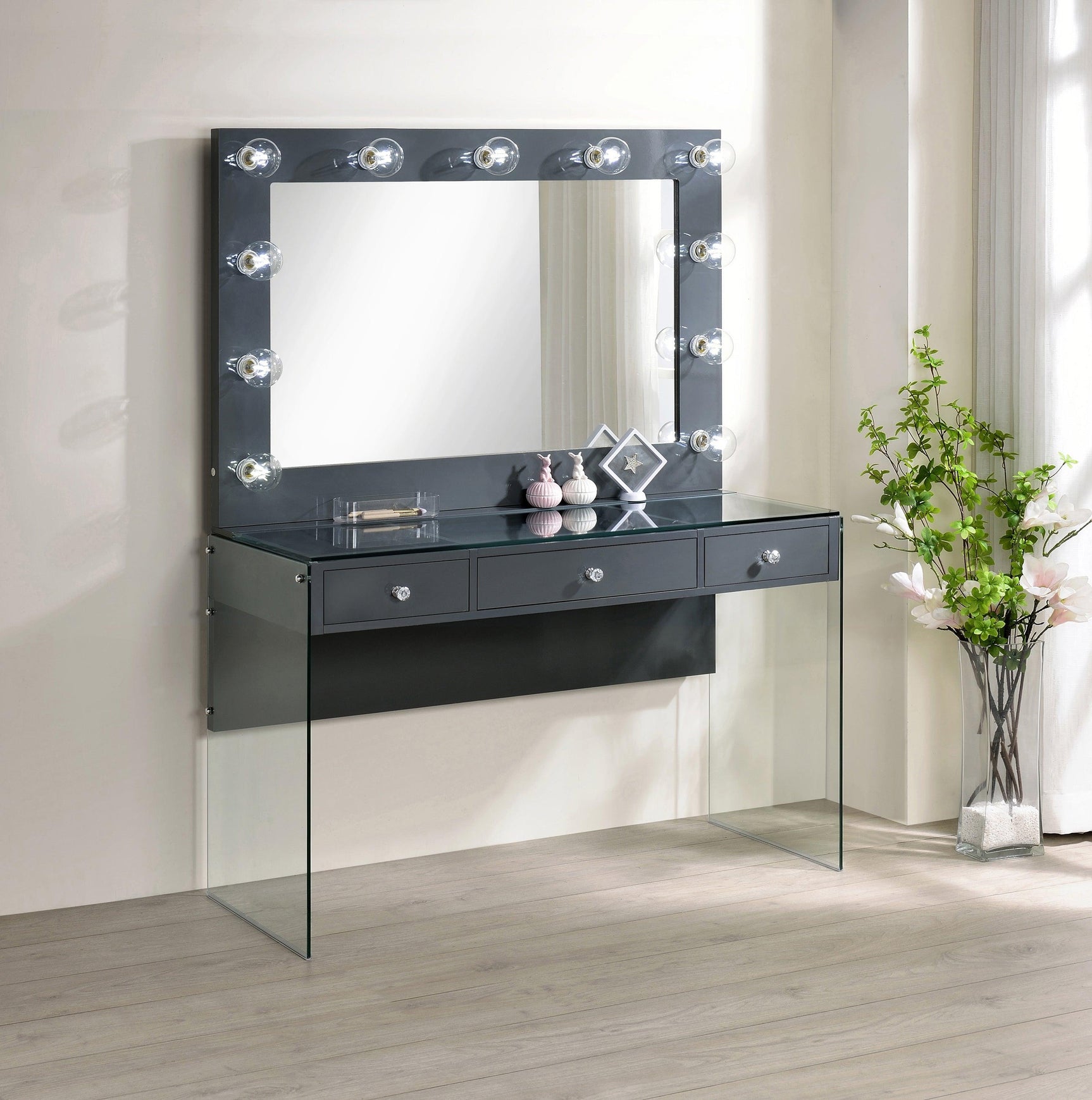 Afshan 3-Drawer Vanity Desk With Lighting Mirror Grey High Gloss - Ella Furniture