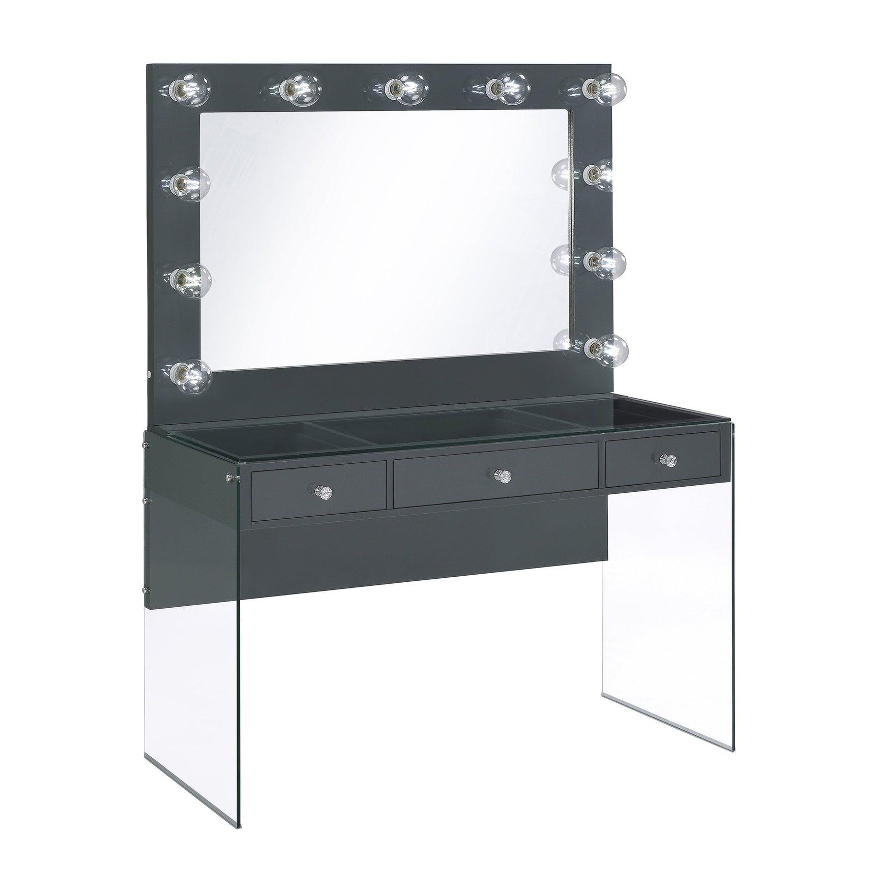 Afshan 3-Drawer Vanity Desk With Lighting Mirror Grey High Gloss - Ella Furniture