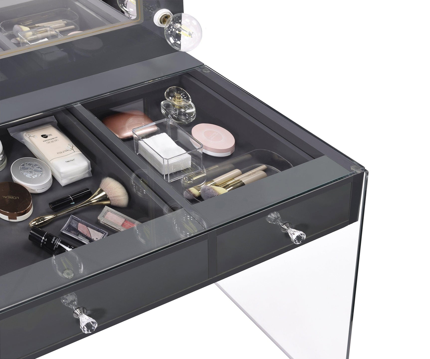 Afshan 3-Drawer Vanity Desk With Lighting Mirror Grey High Gloss - Ella Furniture