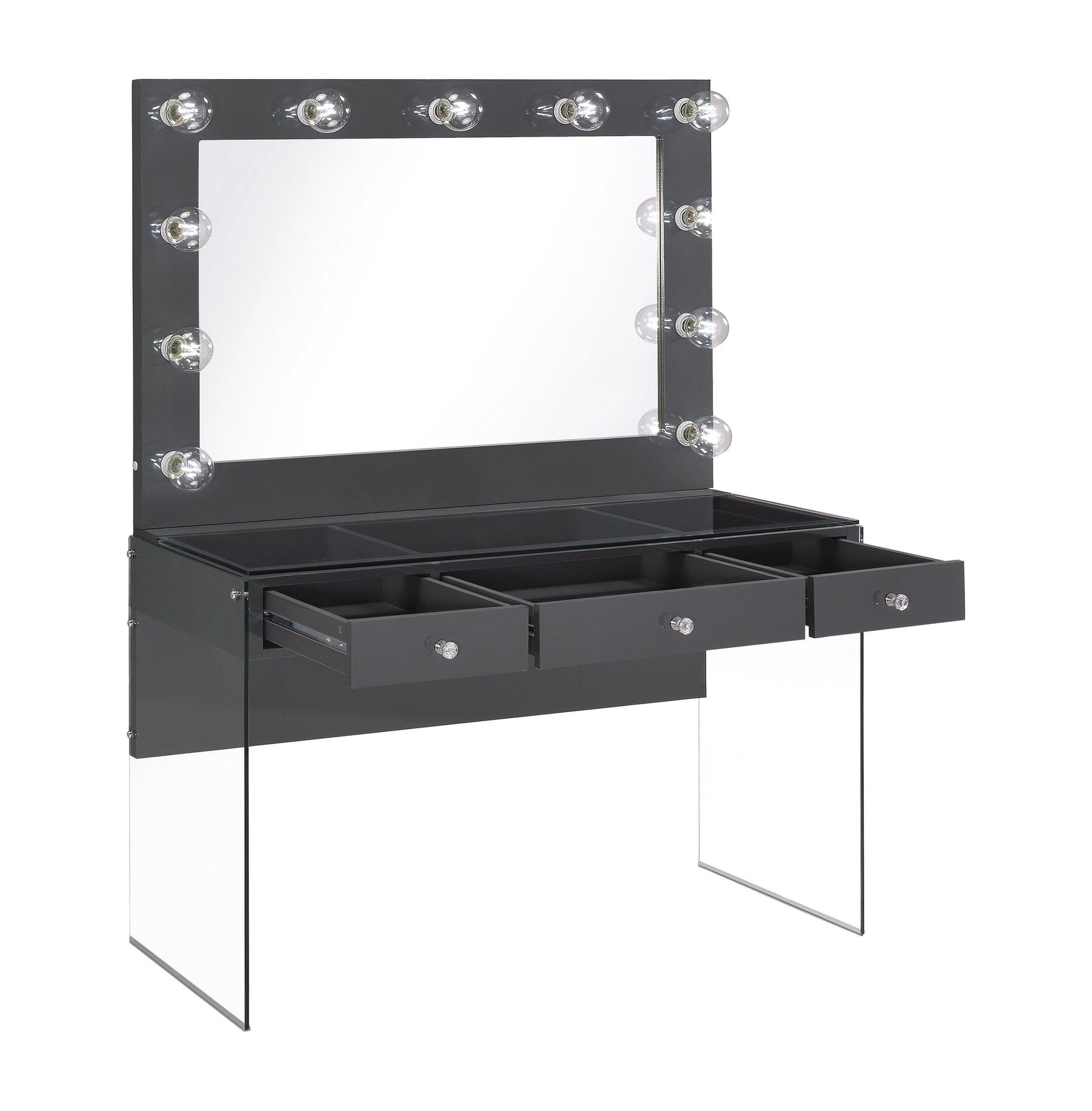 Afshan 3-Drawer Vanity Desk With Lighting Mirror Grey High Gloss - Ella Furniture