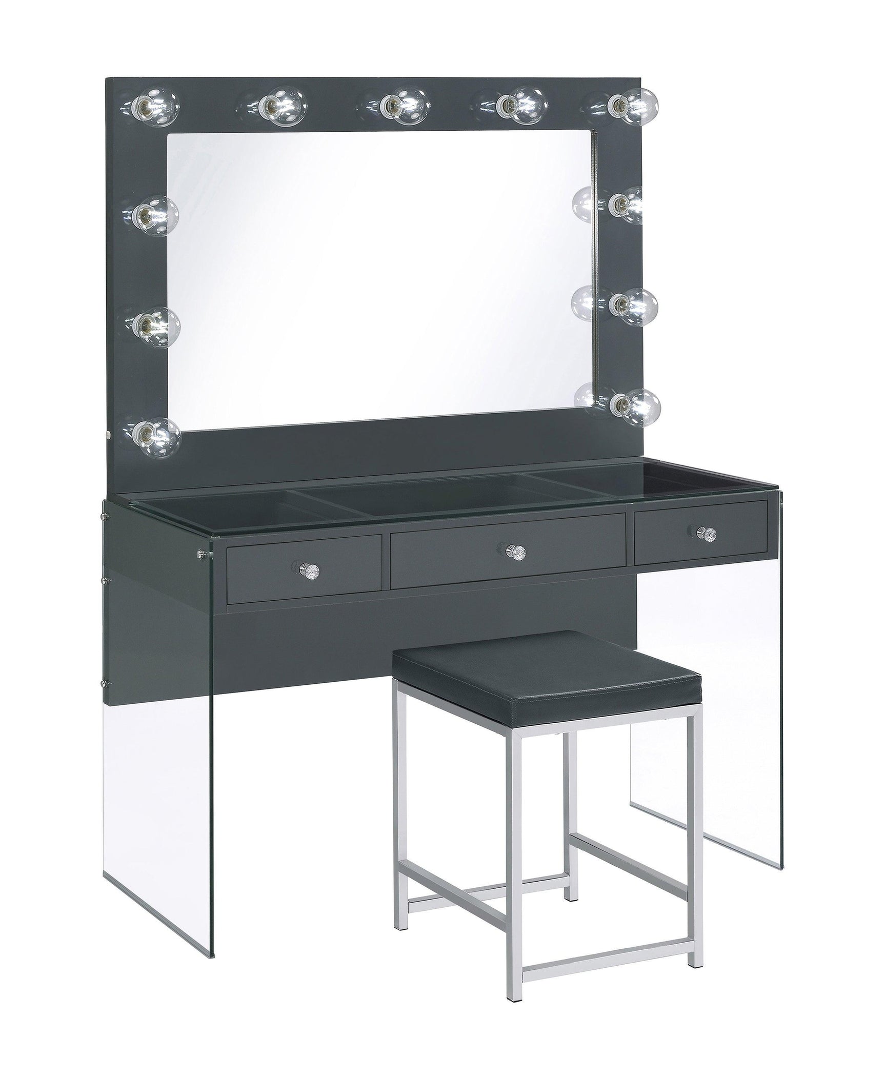 Afshan 3-Drawer Vanity Desk With Lighting Mirror Grey High Gloss - Ella Furniture