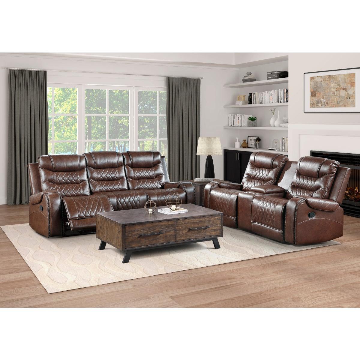 Putnam Brown Polished Microfiber Upholstery Double Glider Reclining Love Seat With Center Console - Ella Furniture
