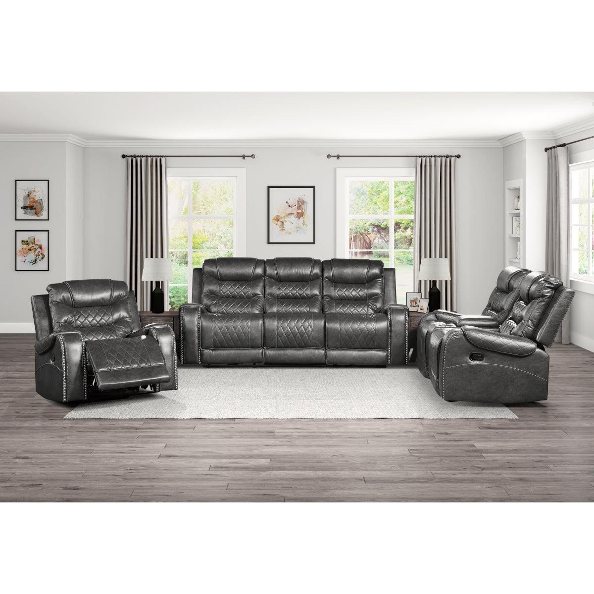Putnam Gray Polished Microfiber Upholstery Double Glider Reclining Love Seat With Center Console - Ella Furniture