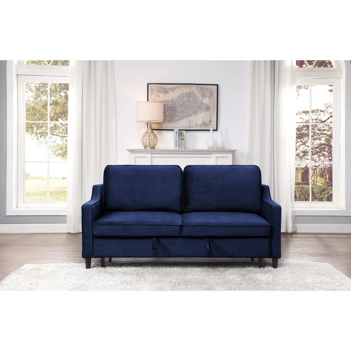 Adelia Navy Solid Wood, Plywood Velvet Fabric Upholstered Convertible Studio Sofa With Pull-out Bed - Ella Furniture