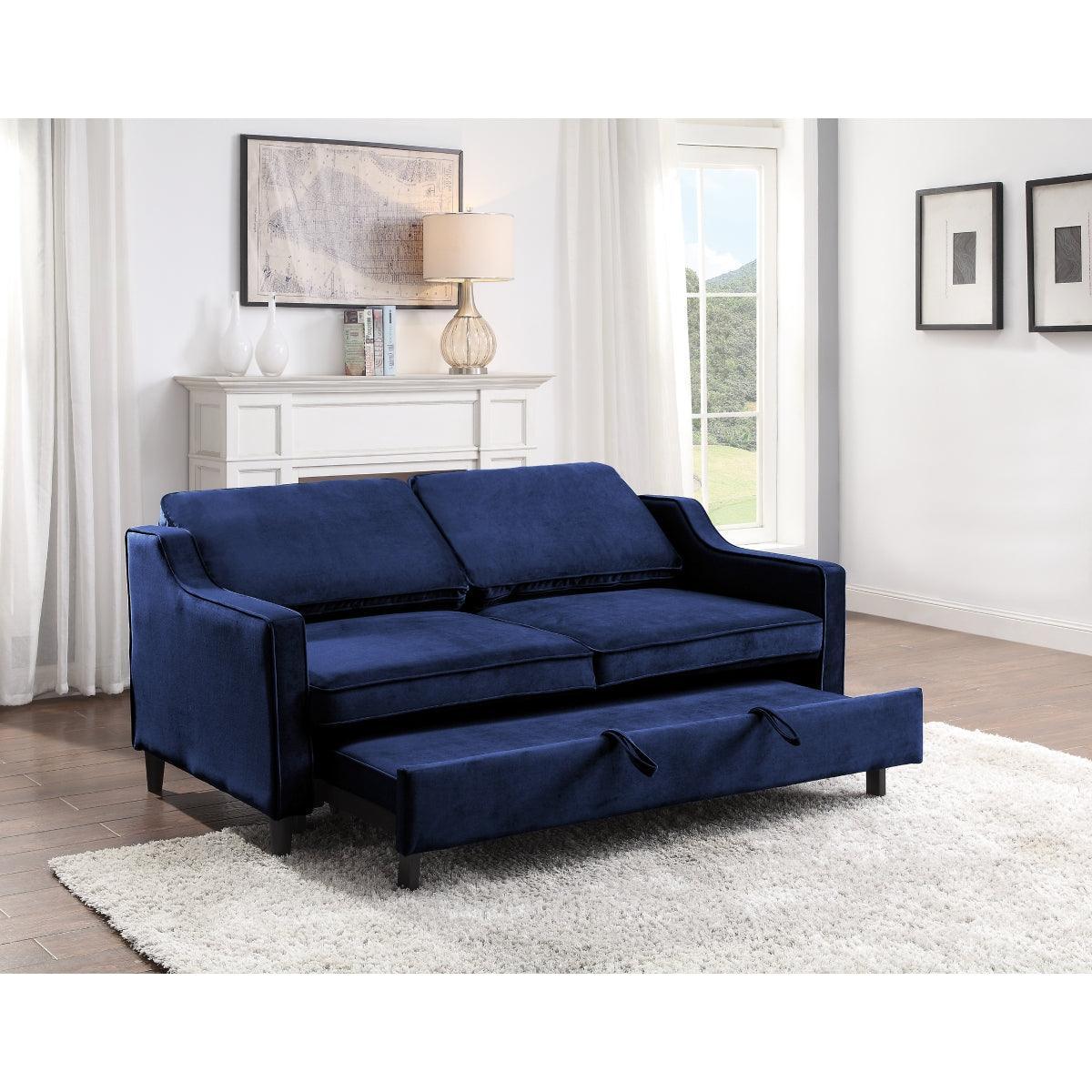 Adelia Navy Solid Wood, Plywood Velvet Fabric Upholstered Convertible Studio Sofa With Pull-out Bed - Ella Furniture