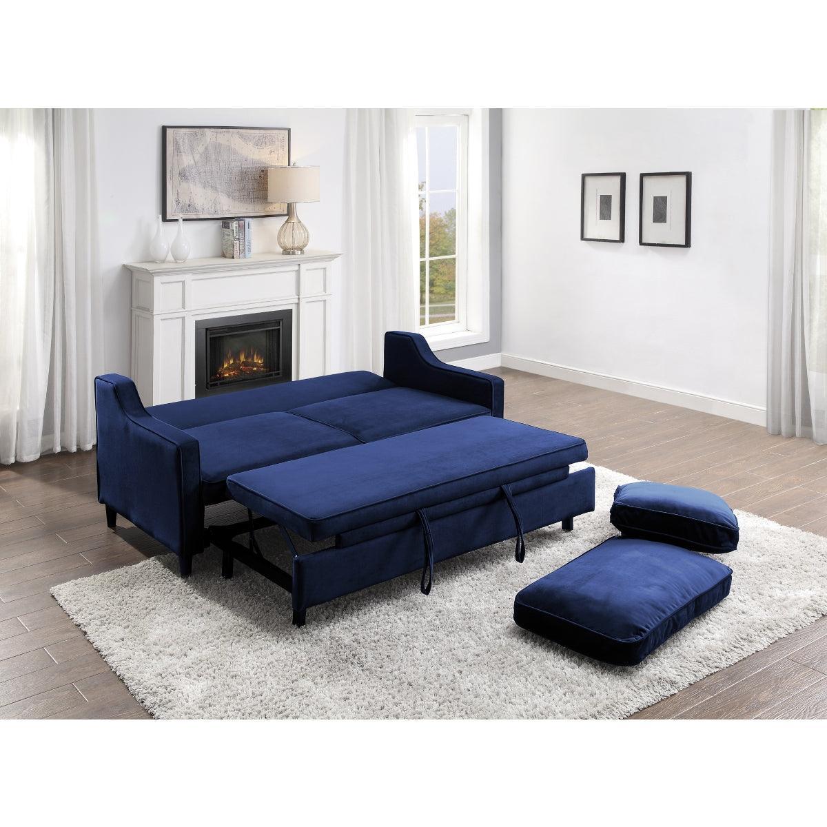 Adelia Navy Solid Wood, Plywood Velvet Fabric Upholstered Convertible Studio Sofa With Pull-out Bed - Ella Furniture